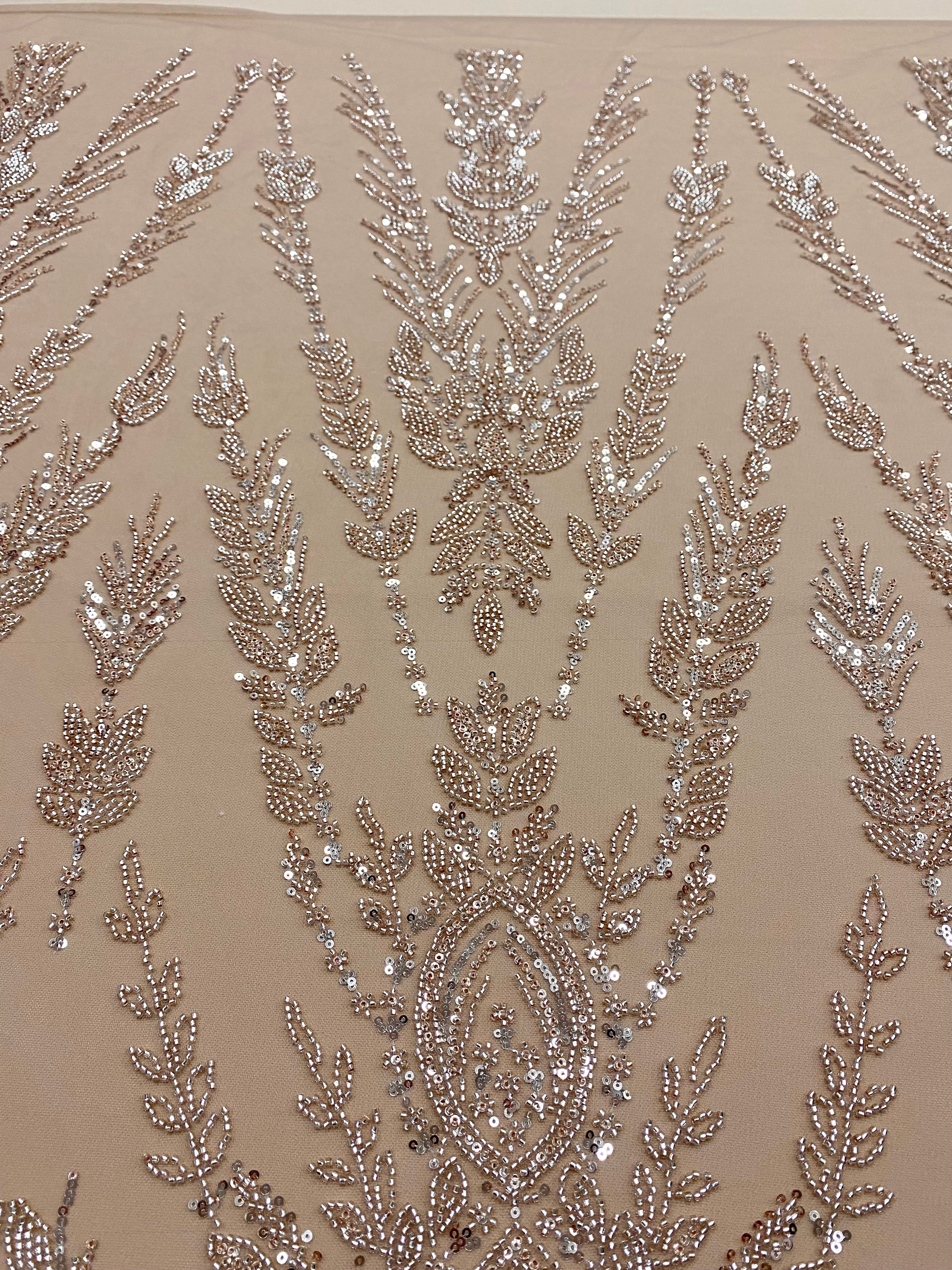 Rose Gold Couture Lace with Symmetrical Pattern, with Beads and Sequins 