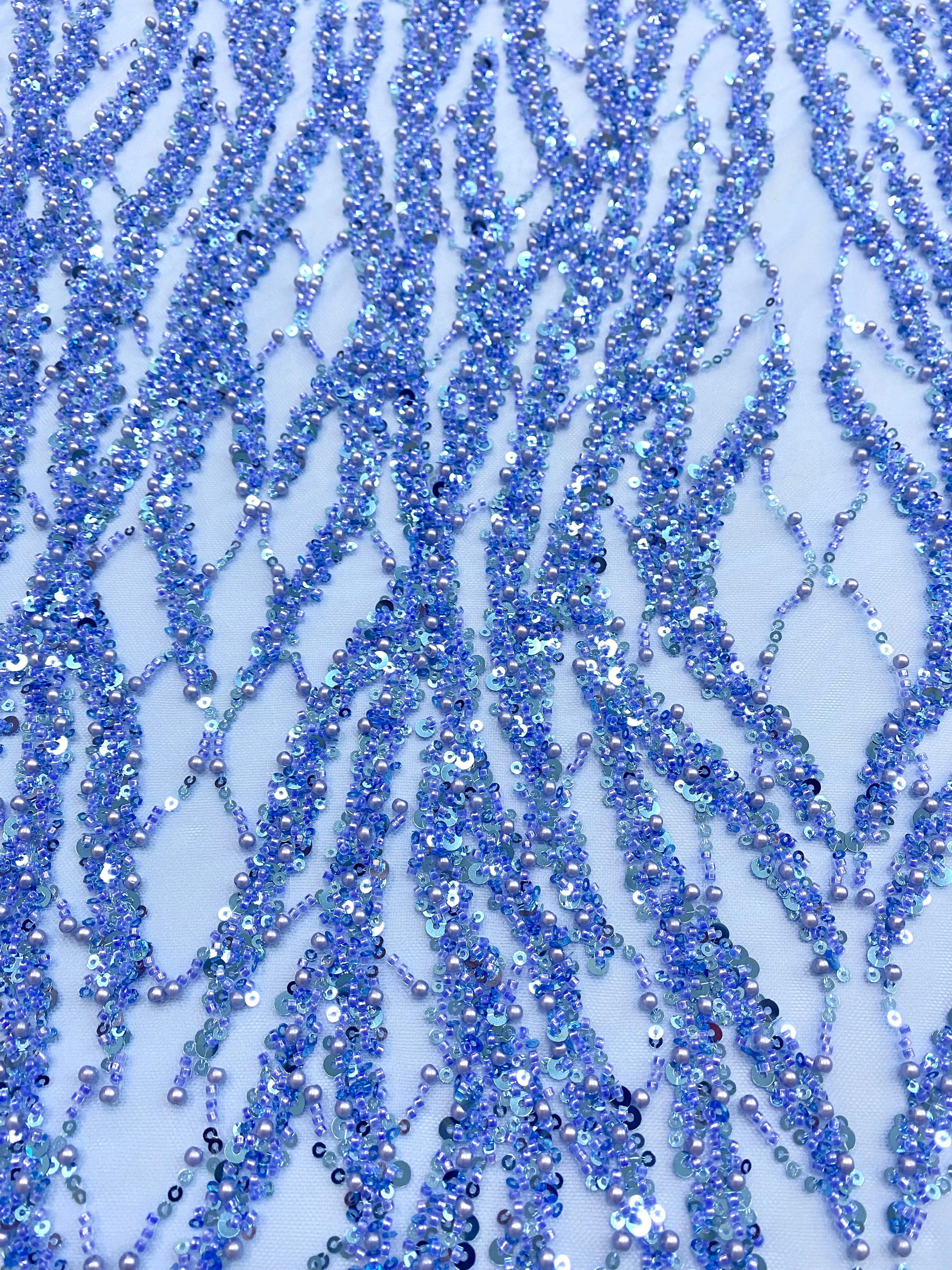 Dantela Couture Sky Blue cu Siraguri cu Perle, Margele si Paiete