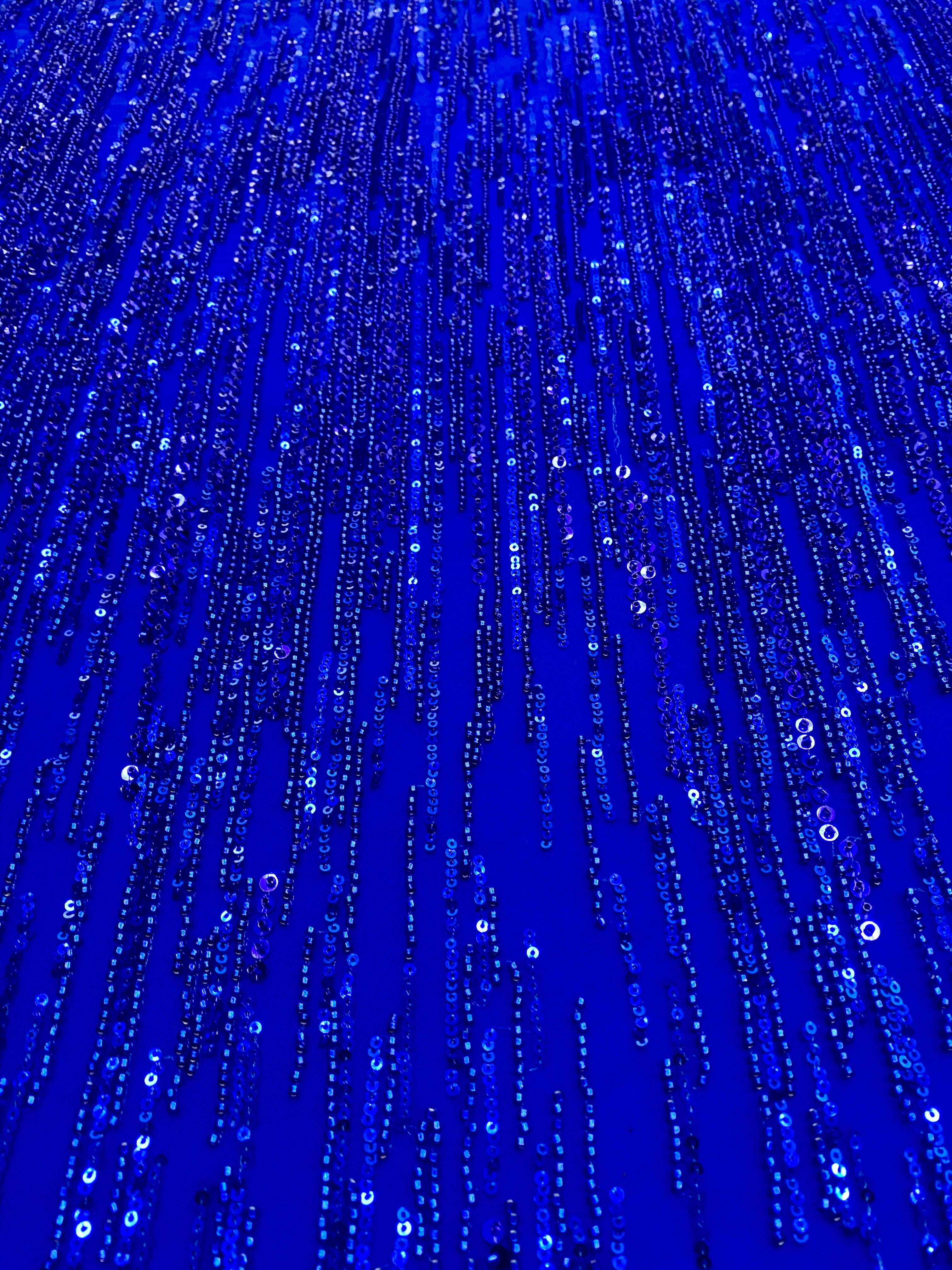 Royal Blue Couture Lace with Linear Pattern, Beads and Sequins