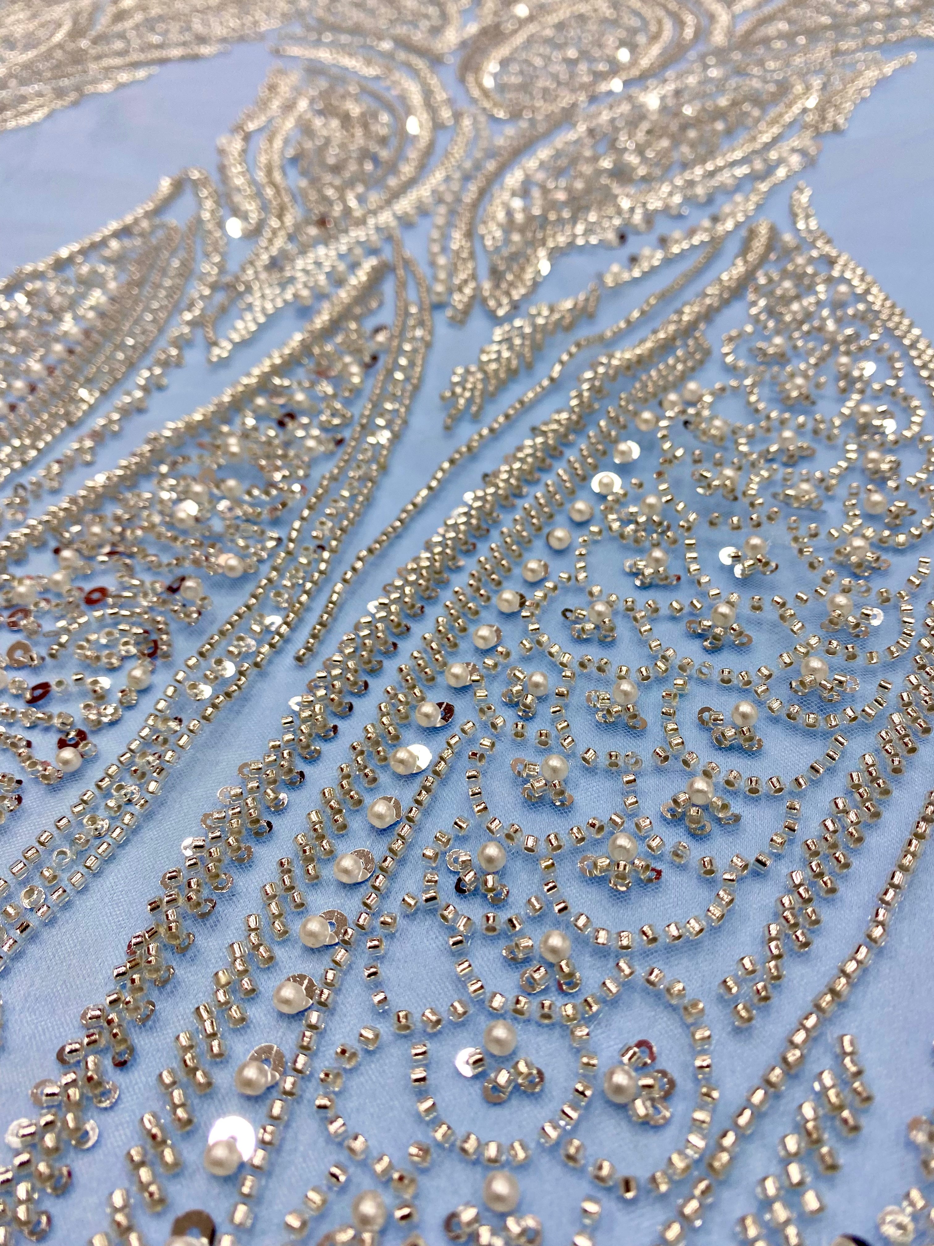 Silver Lace with Linear Pattern, with Pearls and Sequins