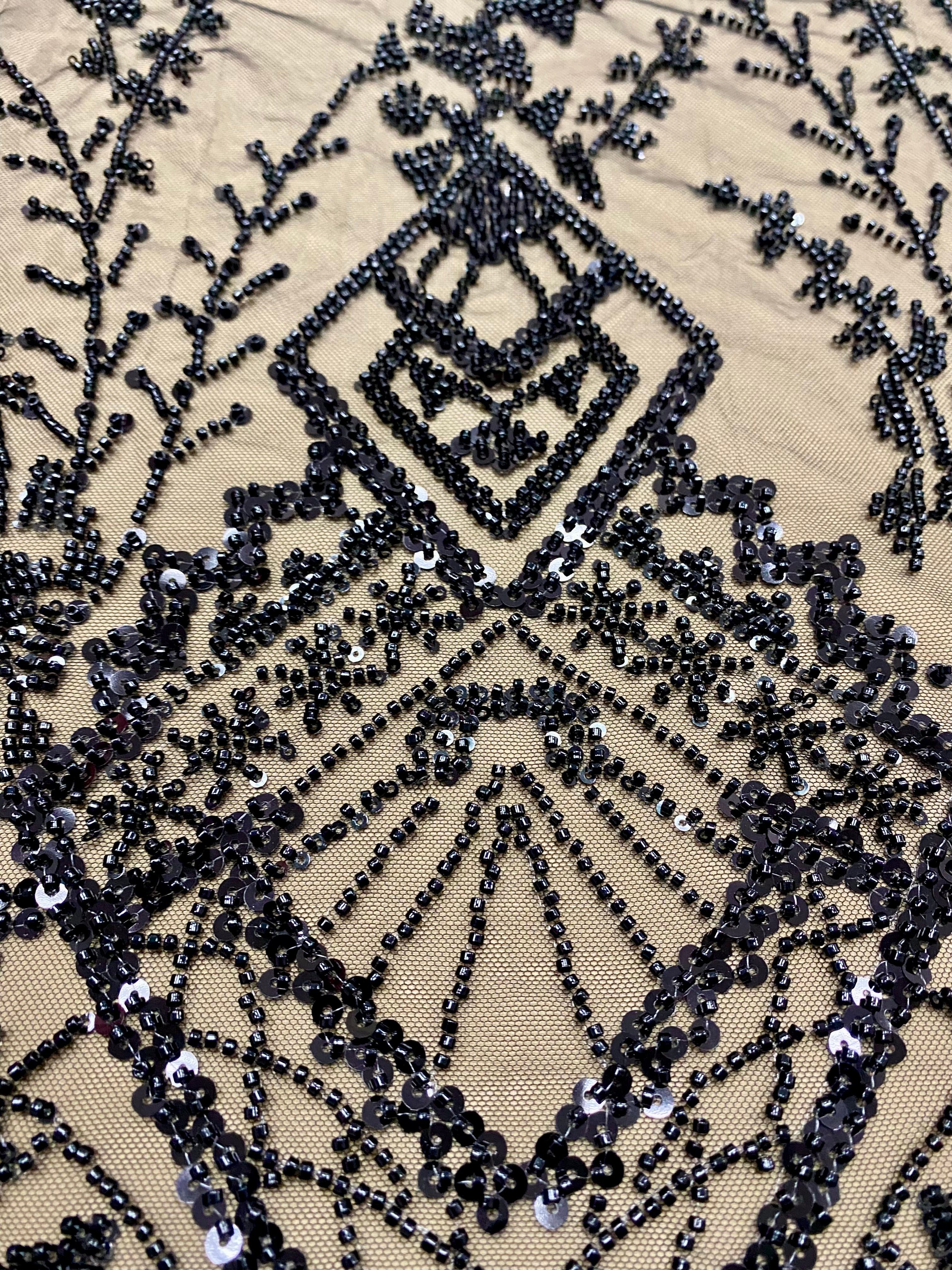 Black Couture Lace with Geometric Pattern, Beads and Sequins