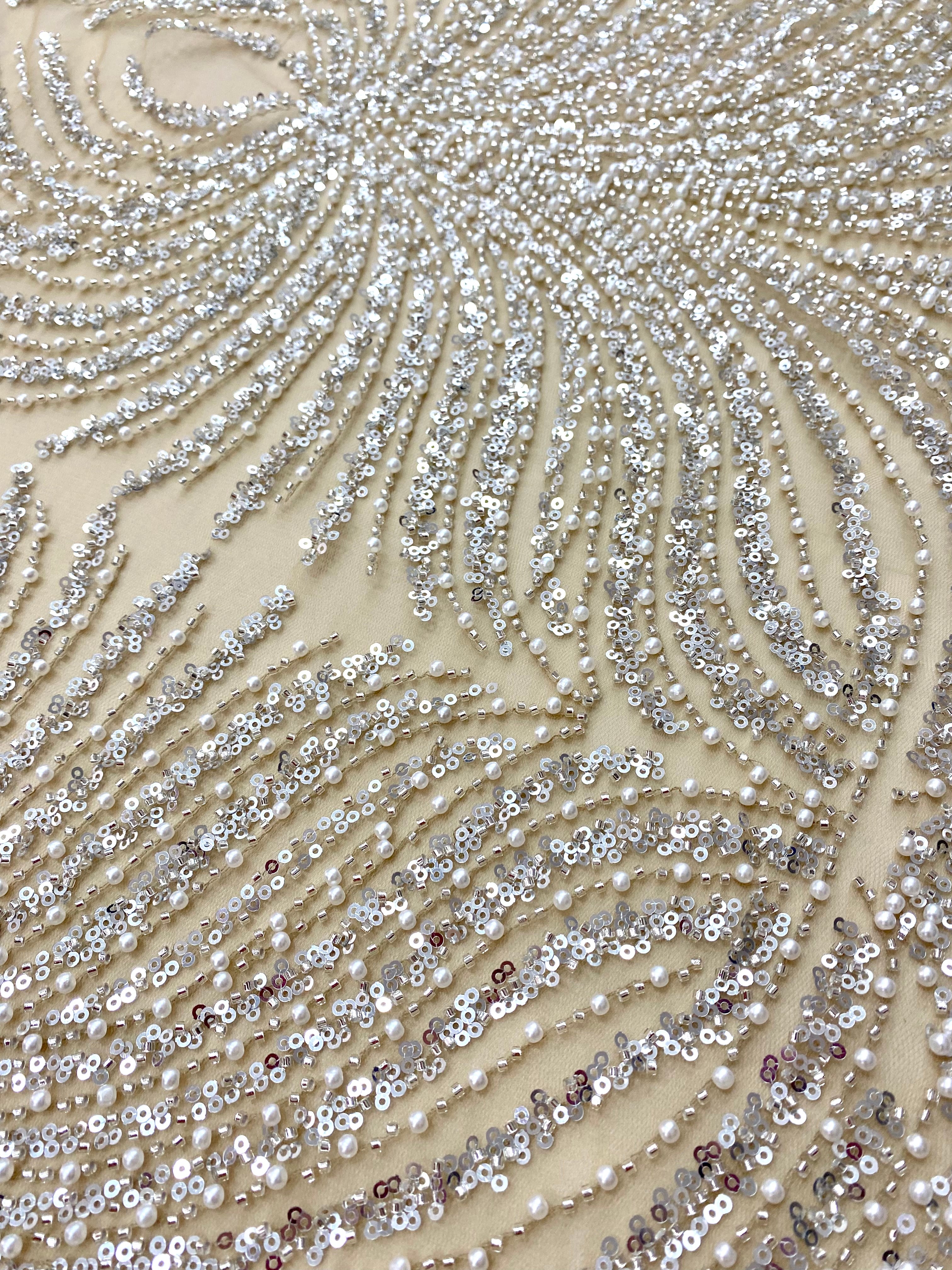 Silver Couture Lace on Nude Tulle with Panel, with Pearls, Beads and Sequins