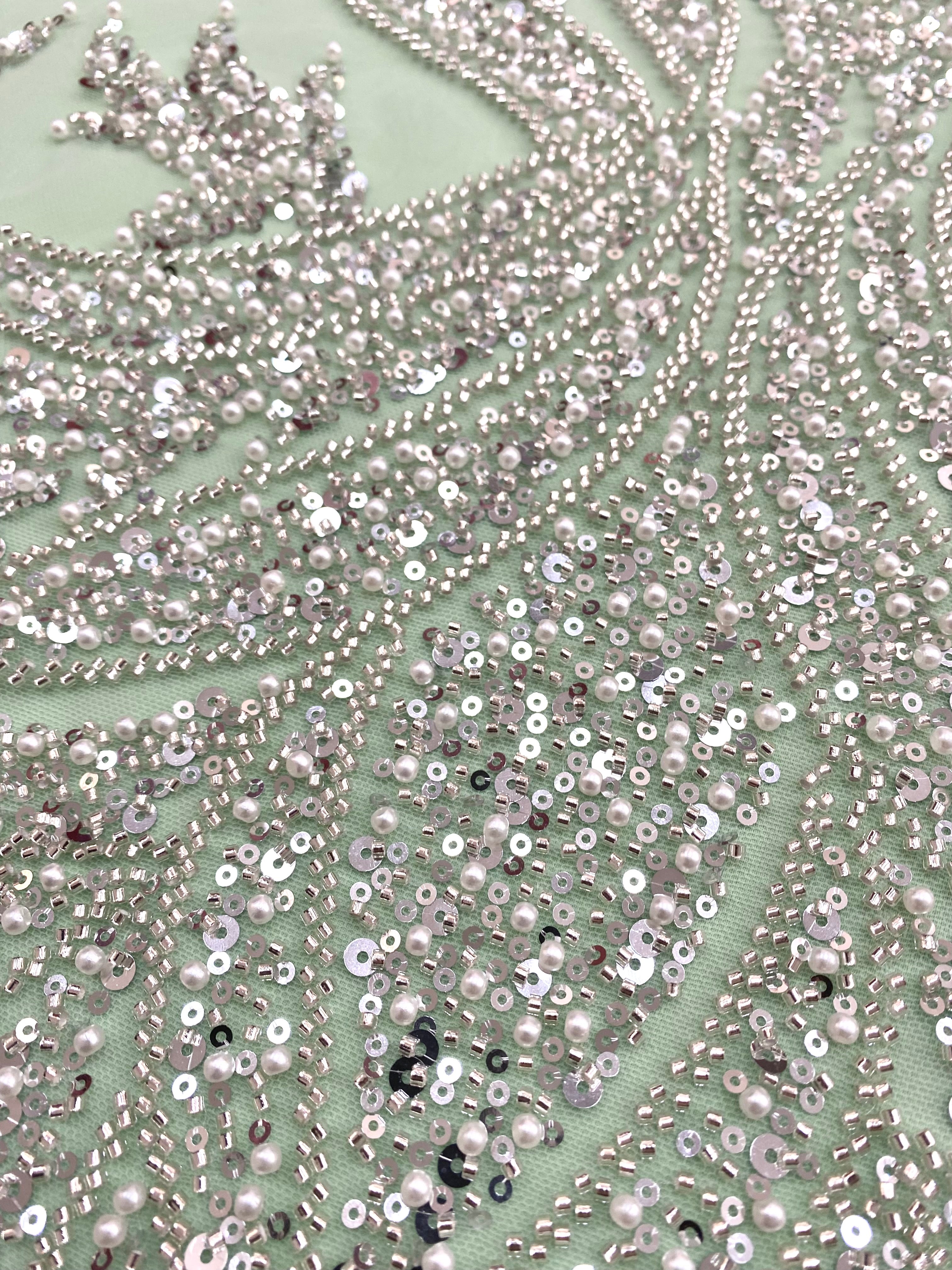 Silver Couture Lace on Mint Green Tulle with Panel, with Pearls, Beads and Sequins