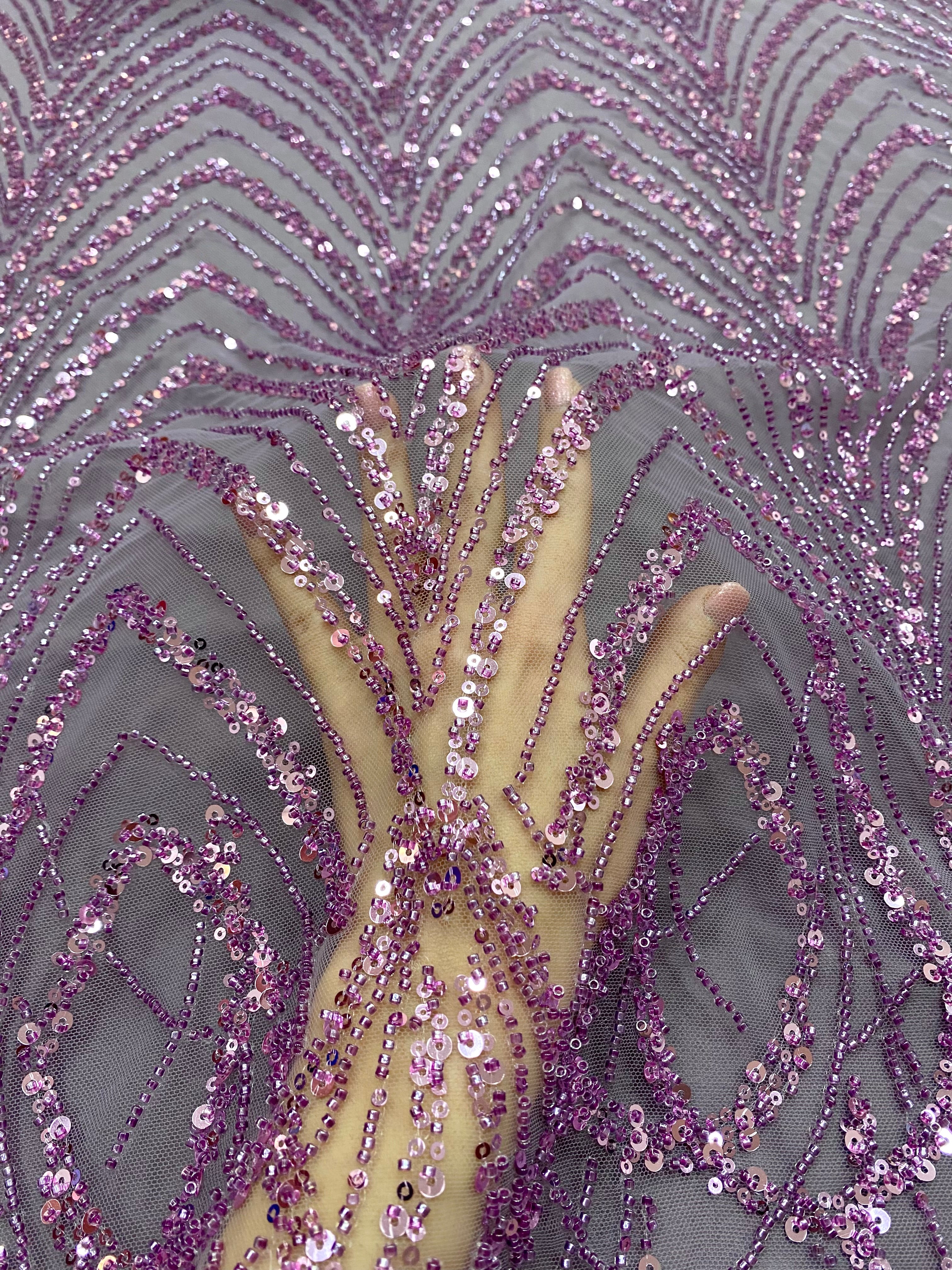 Dantela Couture Lavanda Pudrata cu Model Geometric cu Margele si Paiete