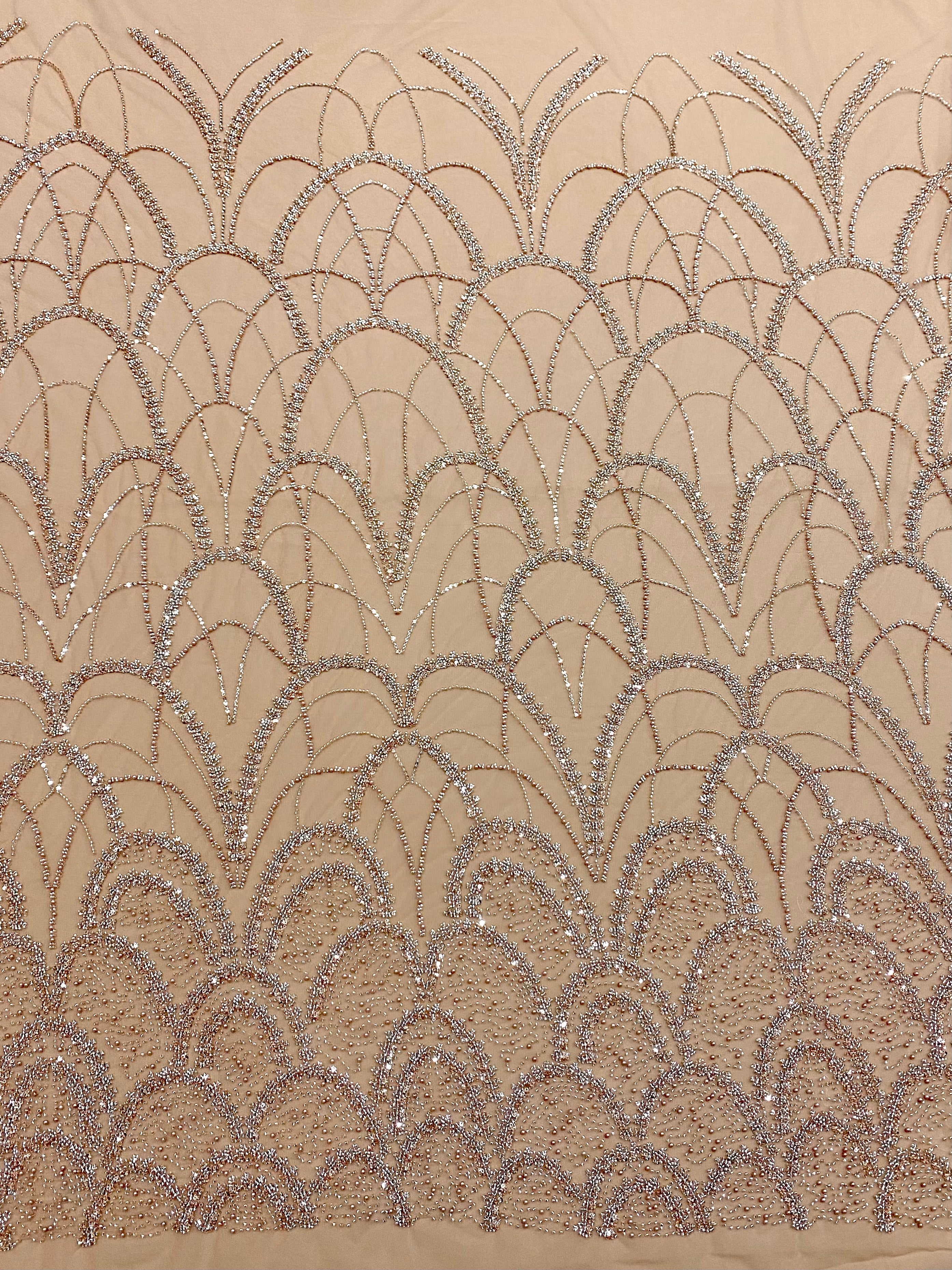 Rose Gold Couture Lace with Geometric Pattern, with Pearls, Beads and Sequins 