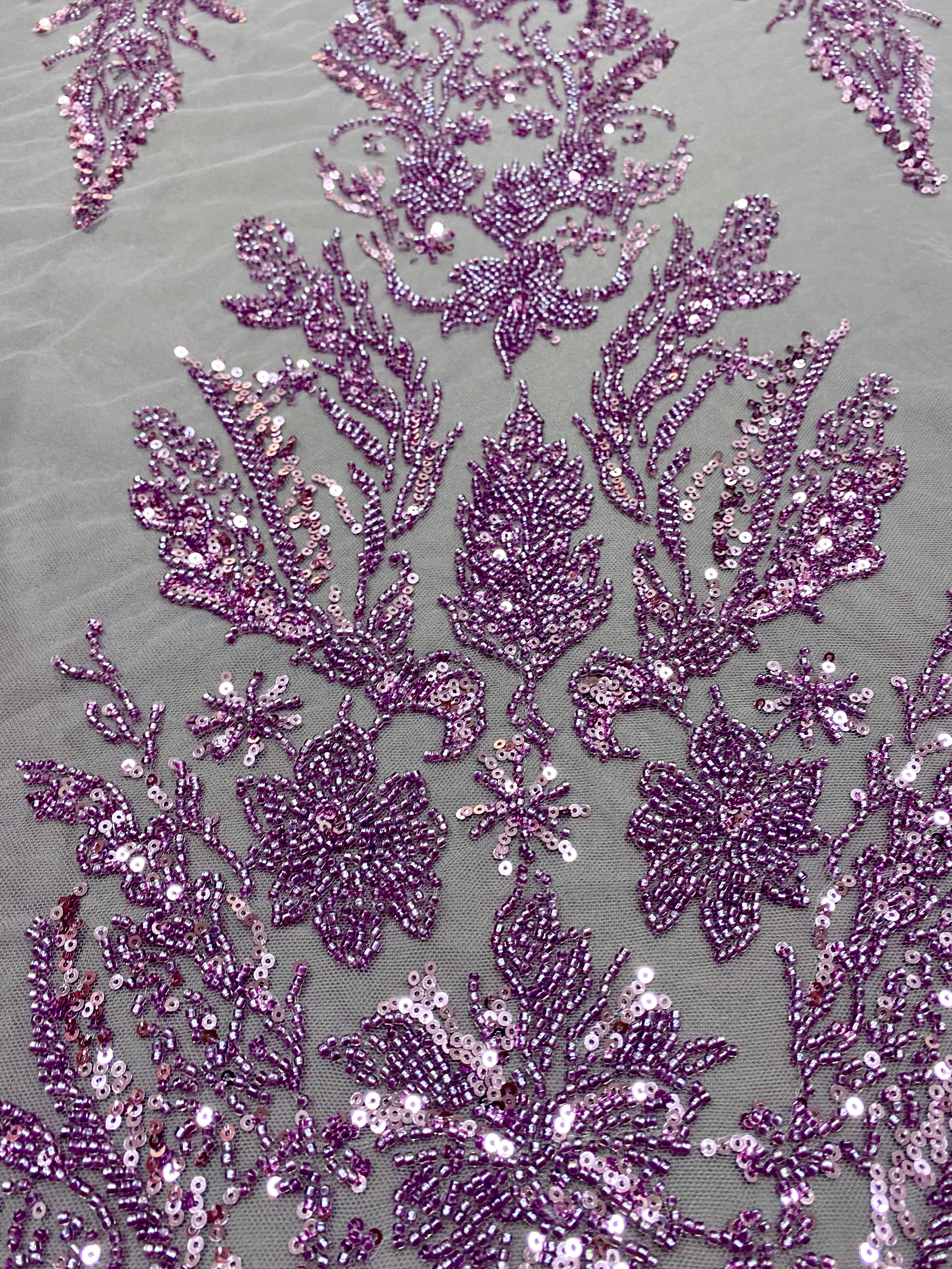 Couture Powder Lace with Floral Pattern, Beads and Sequins