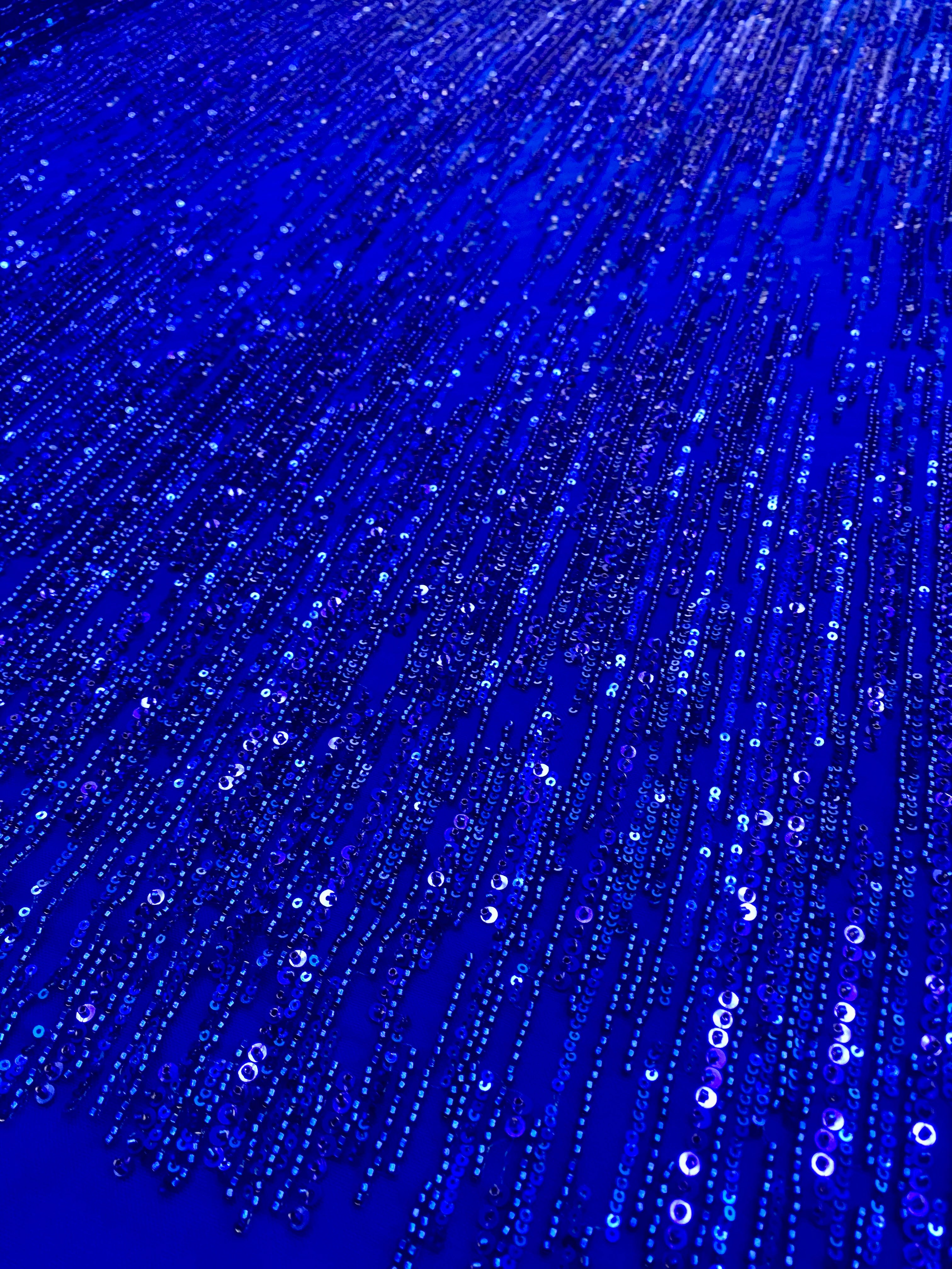 Royal Blue Couture Lace with Linear Pattern, Beads and Sequins