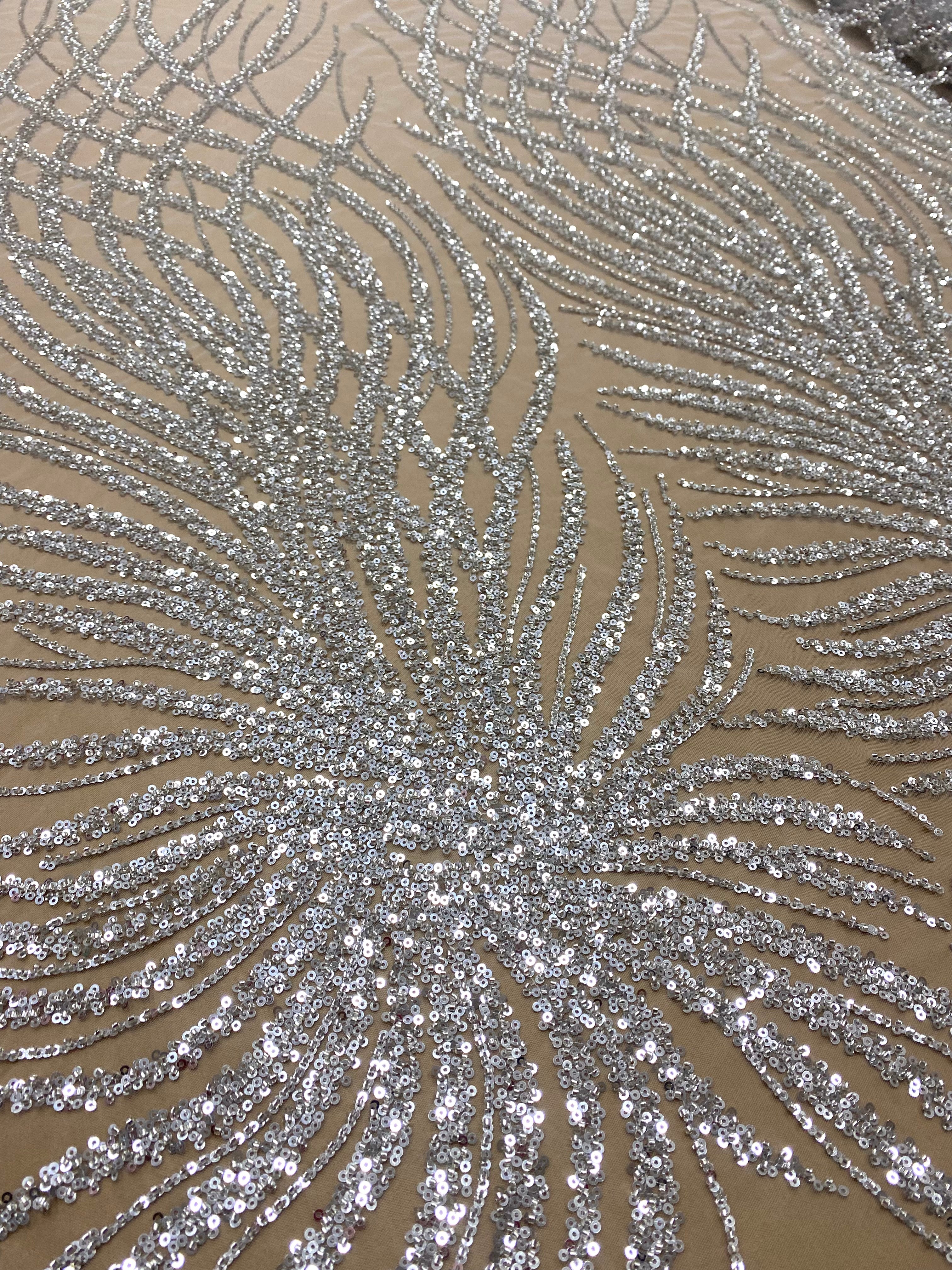 Silver Lace with Geometric Pattern, with Beads and Sequins