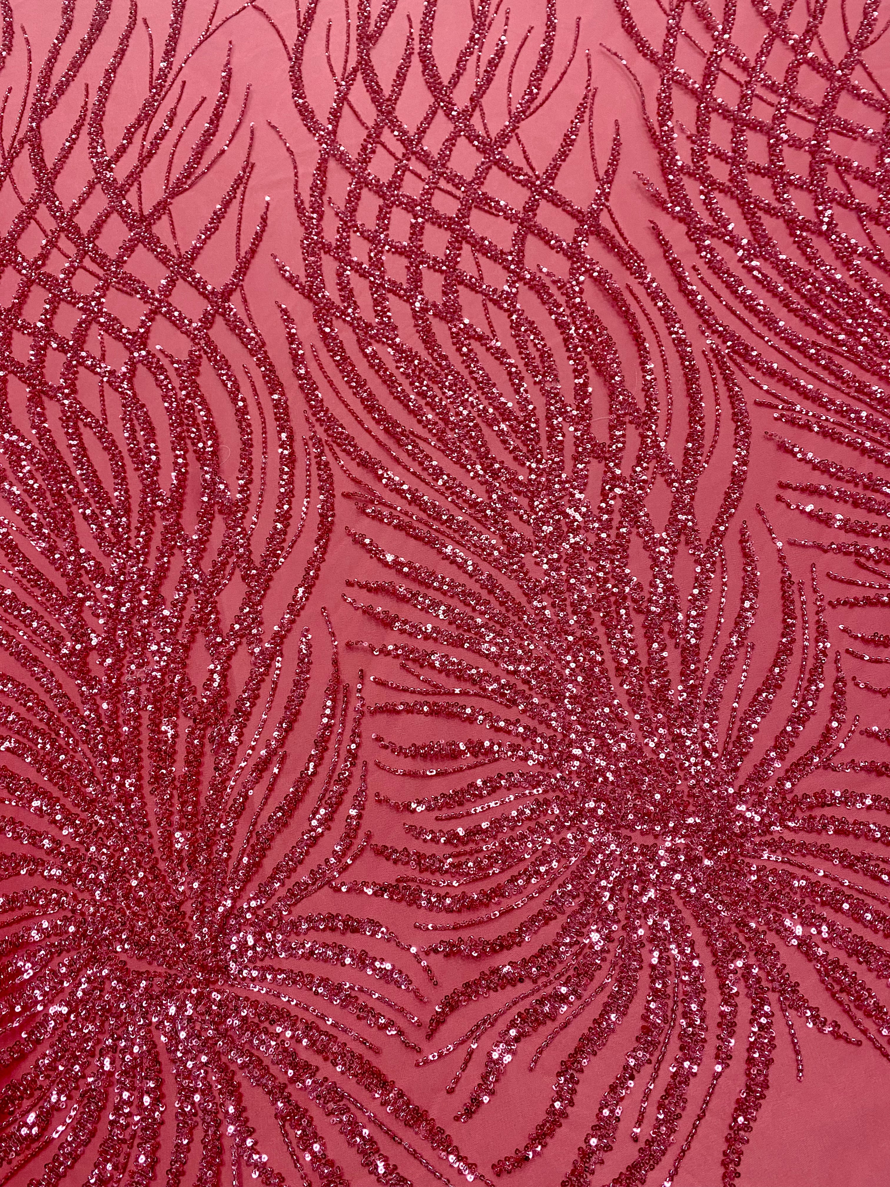 Pink Couture Lace with Geometric Pattern, with Beads and Sequins