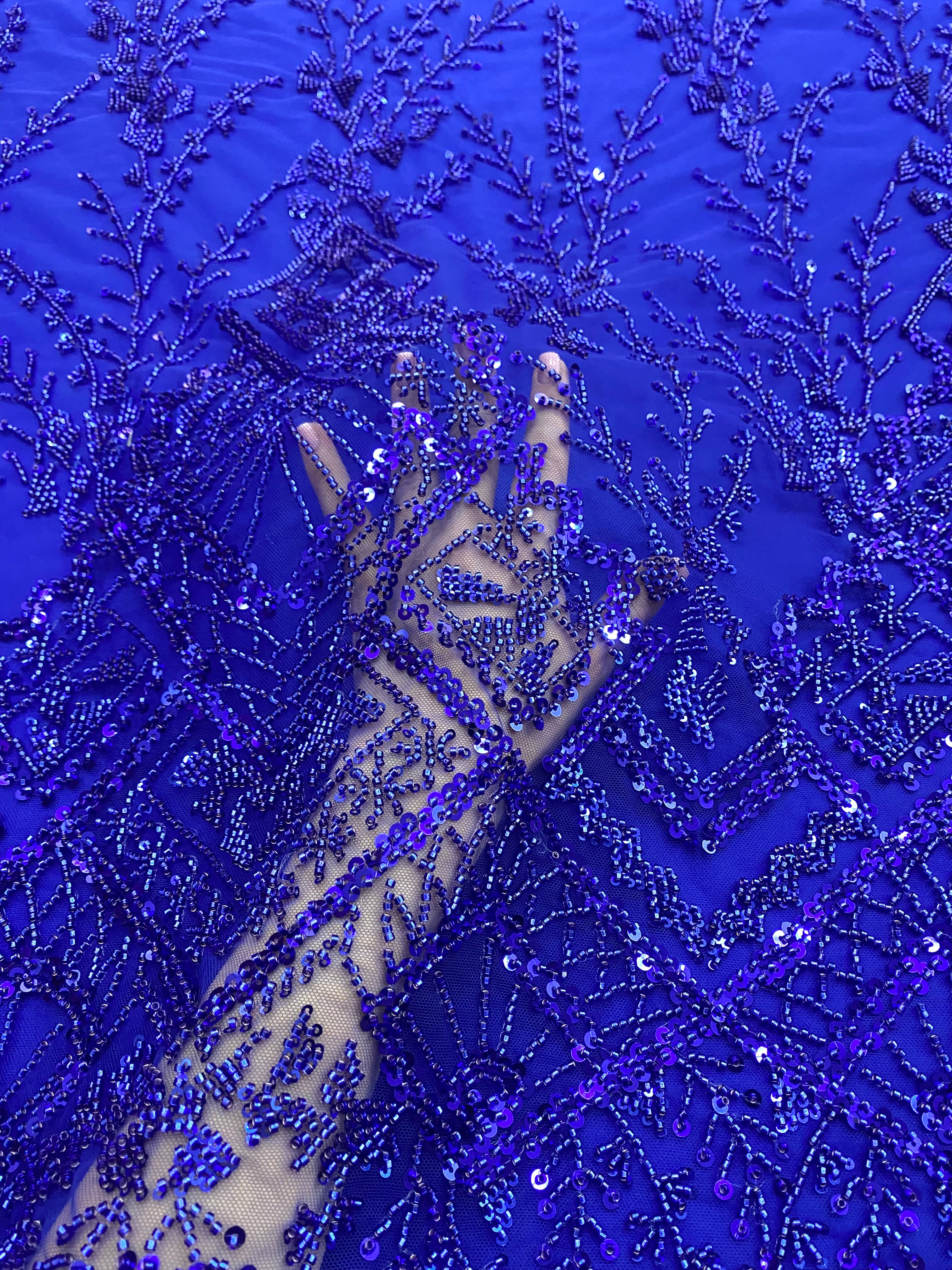 Royal Blue Couture Lace with Geometric Pattern, Beads and Sequins