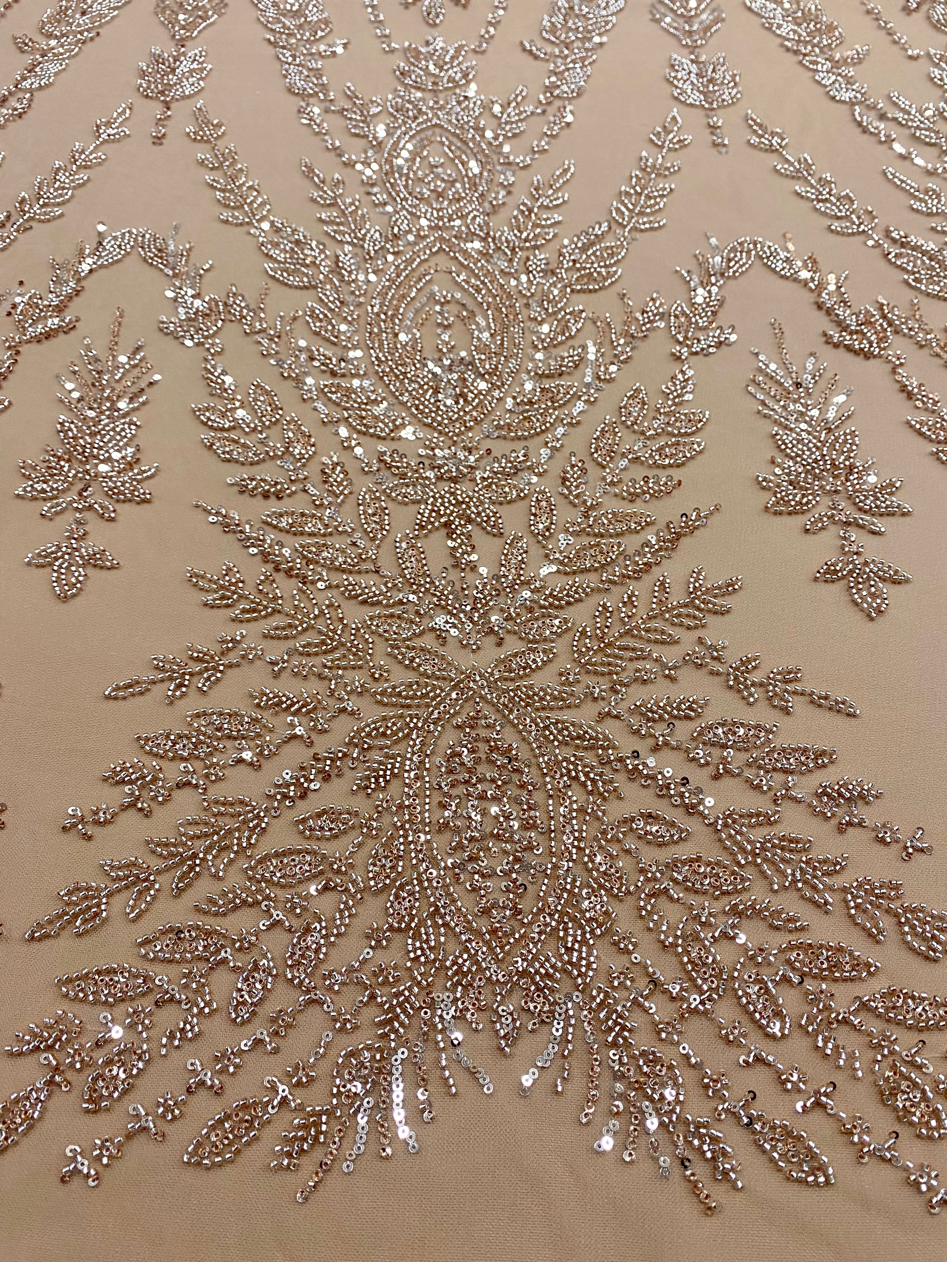 Rose Gold Couture Lace with Symmetrical Pattern, with Beads and Sequins 