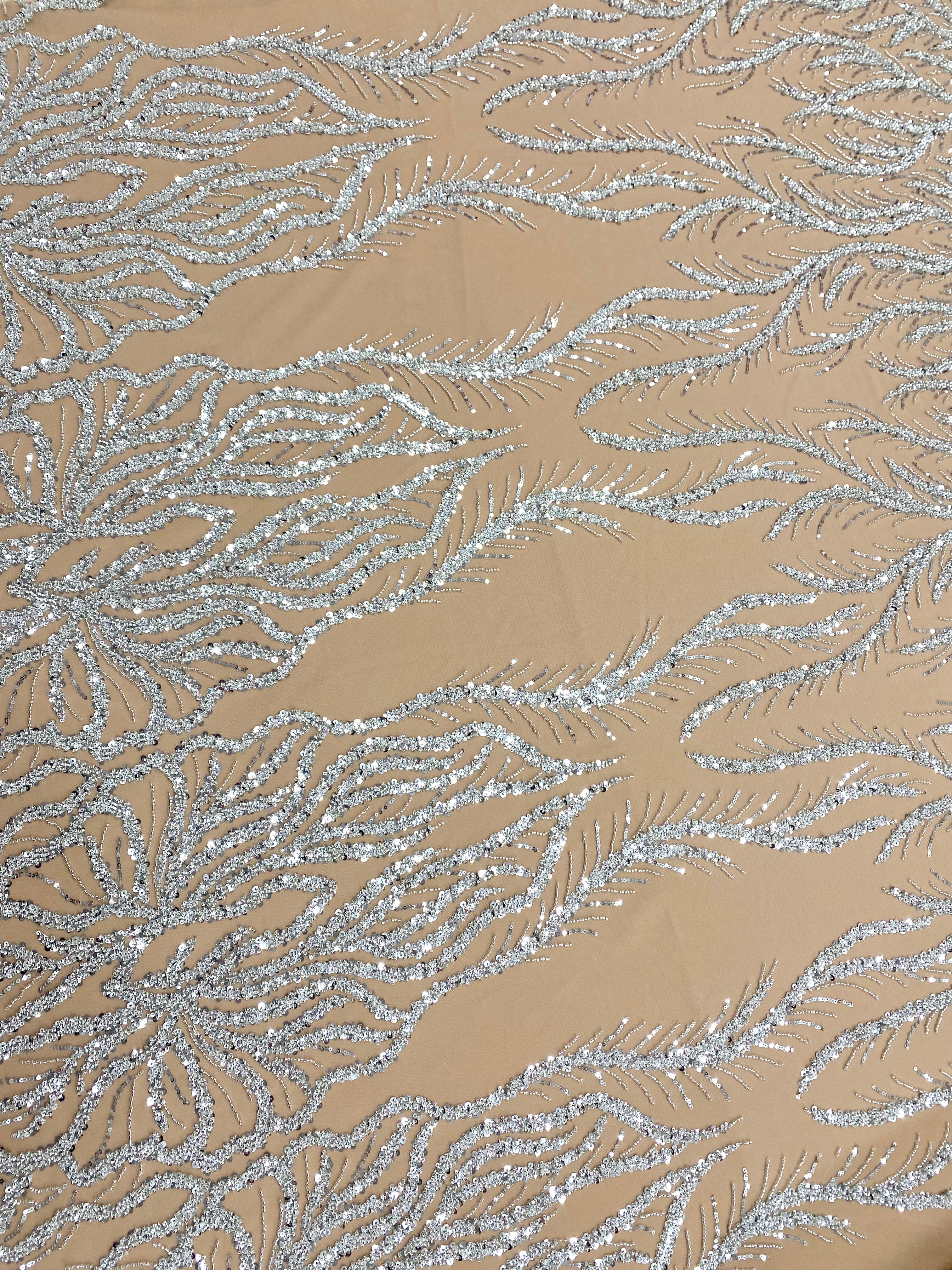 Silver Couture Lace on Nude Tulle with Panel, Beading and Sequins