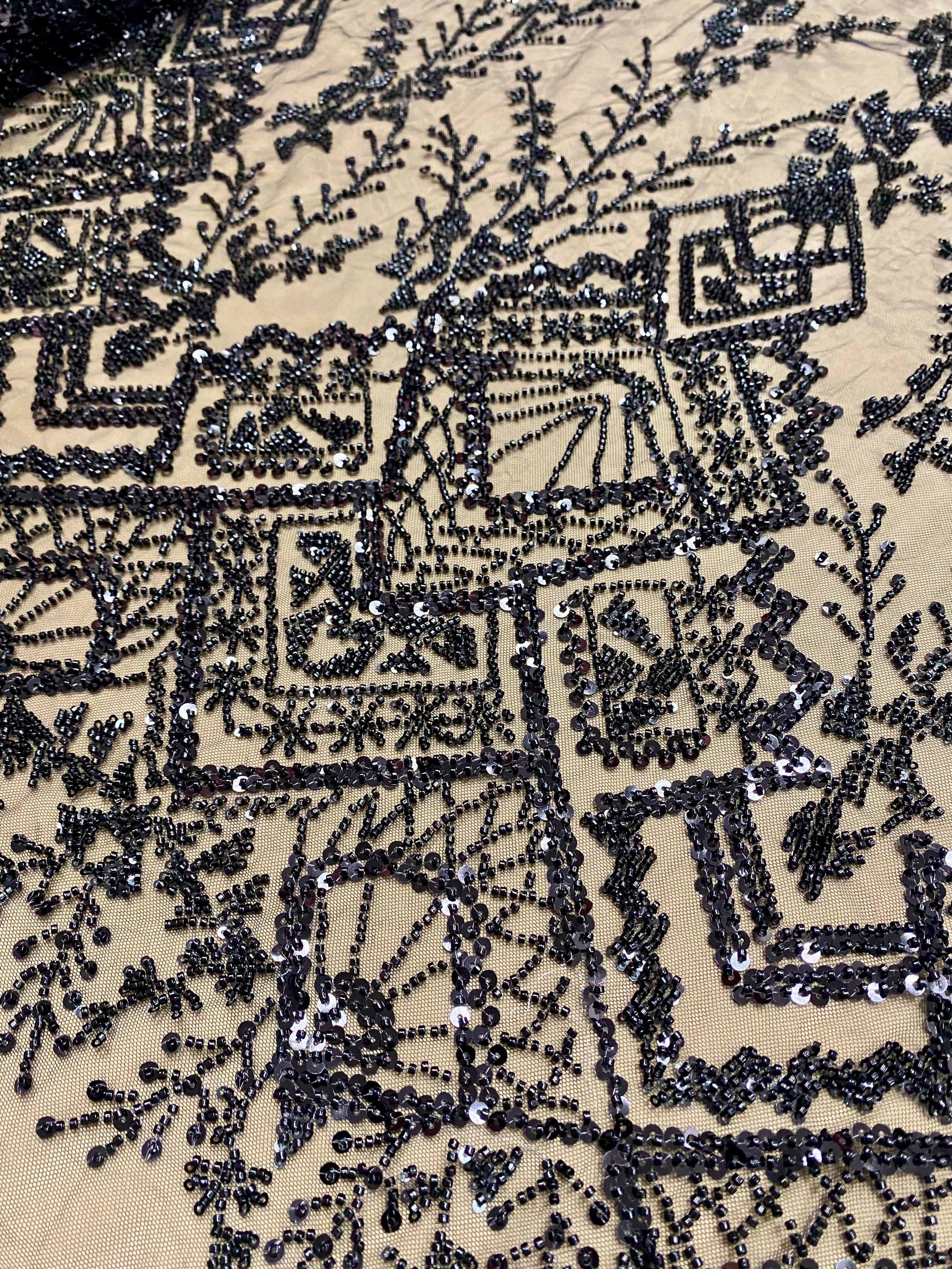 Black Couture Lace with Geometric Pattern, Beads and Sequins