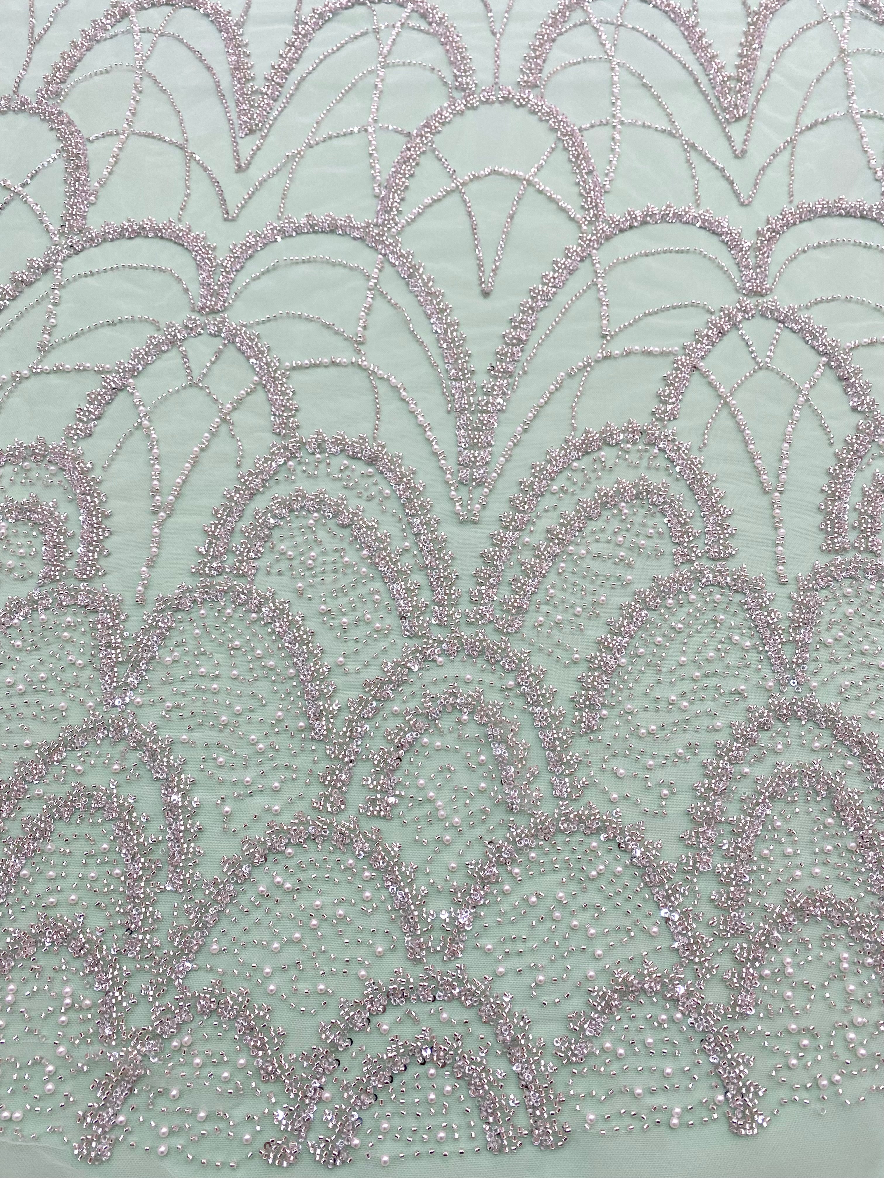Silver Couture Lace on Mint Green Tulle with Geometric Pattern, with Pearls, Beads and Sequins
