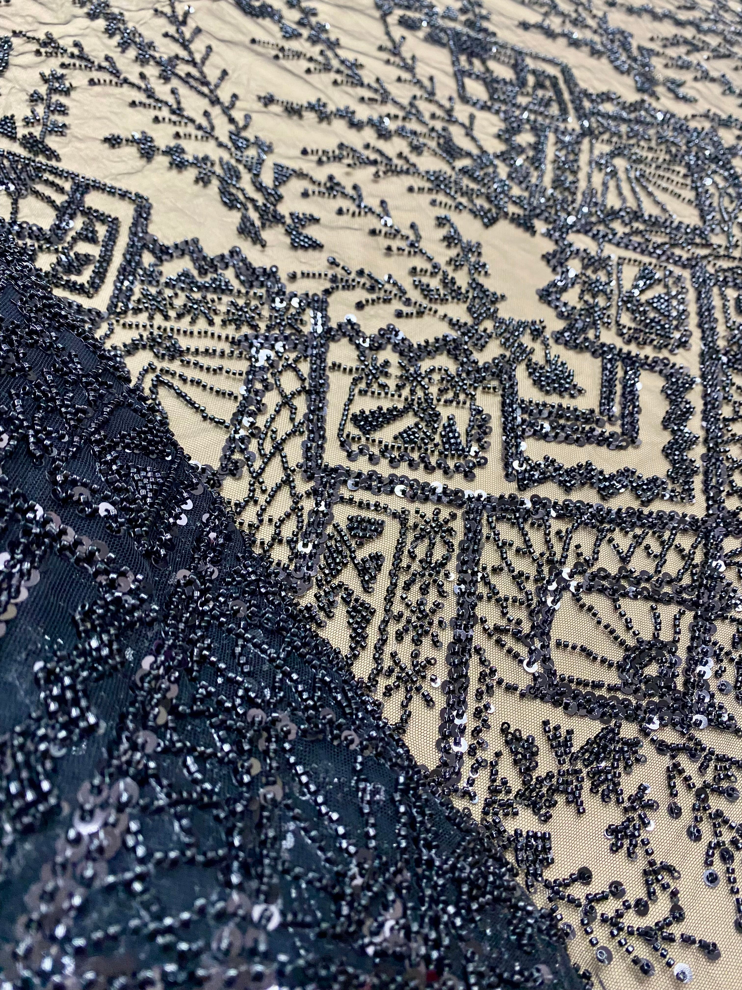 Black Couture Lace with Geometric Pattern, Beads and Sequins