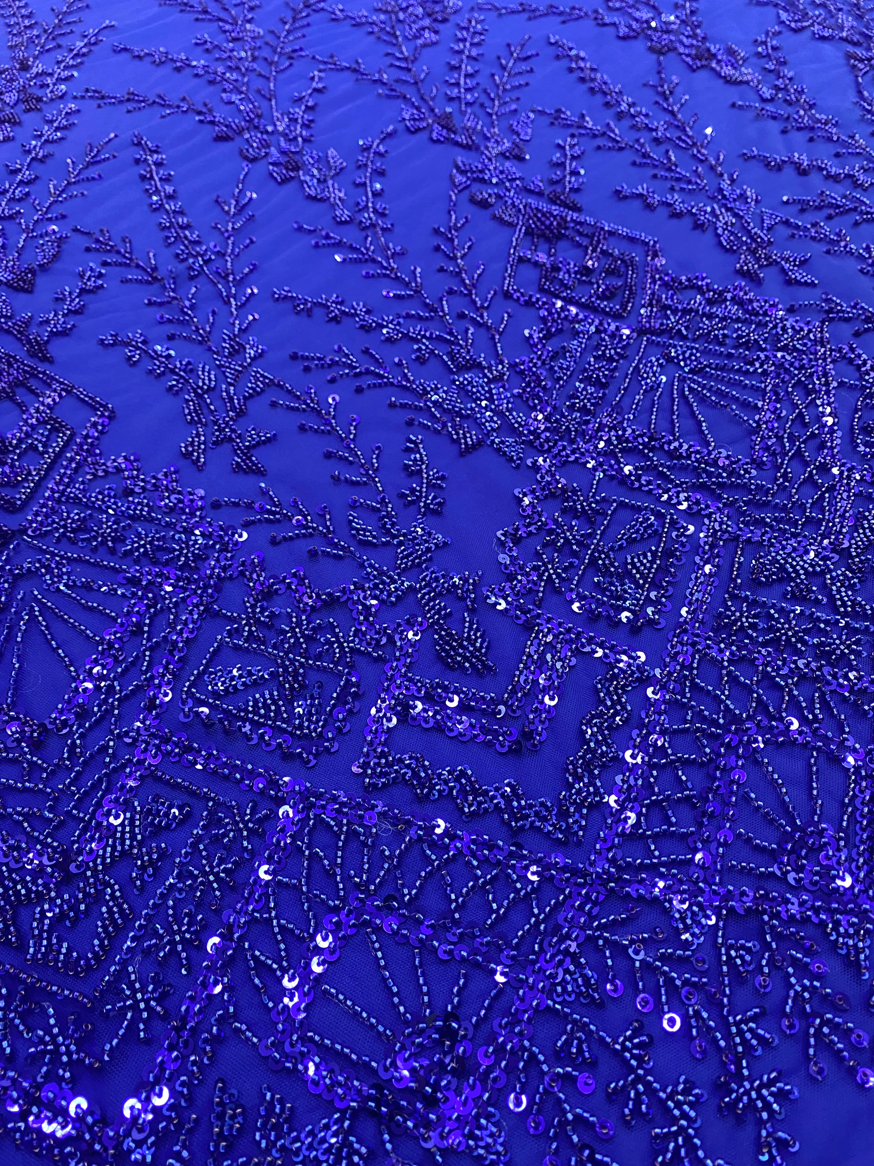Royal Blue Couture Lace with Geometric Pattern, Beads and Sequins