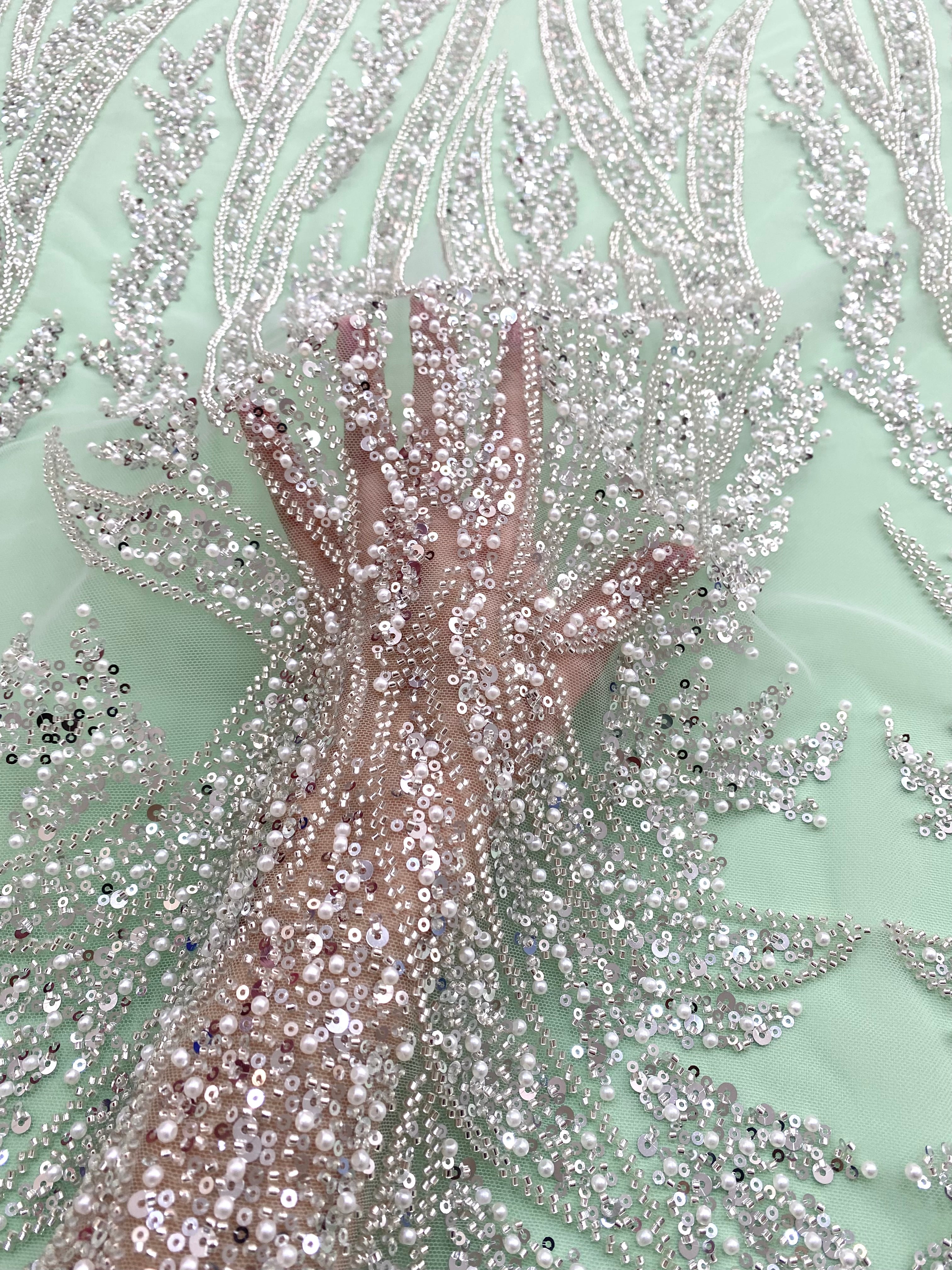 Silver Couture Lace on Mint Green Tulle with Panel, with Pearls, Beads and Sequins