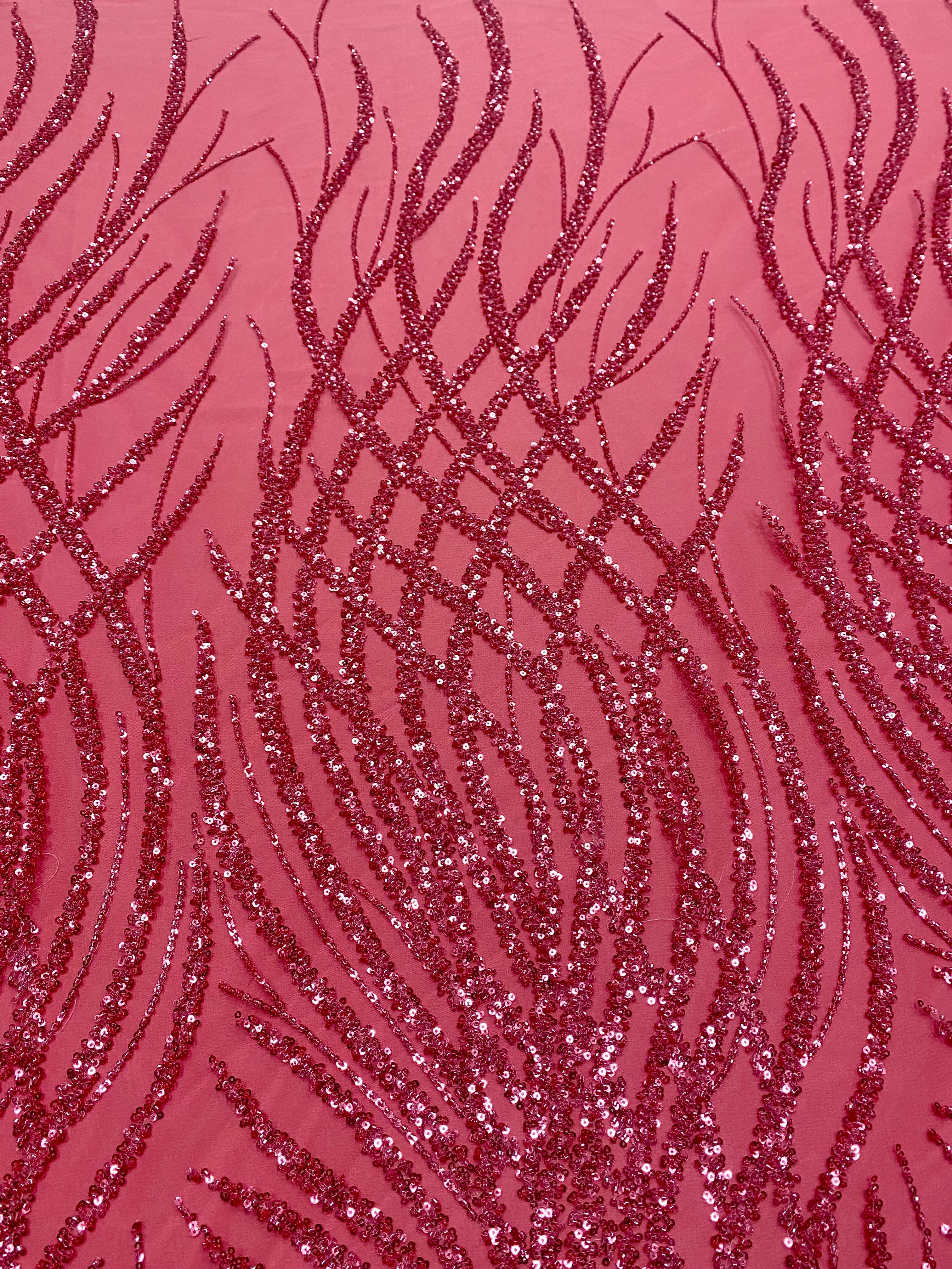 Pink Couture Lace with Geometric Pattern, with Beads and Sequins