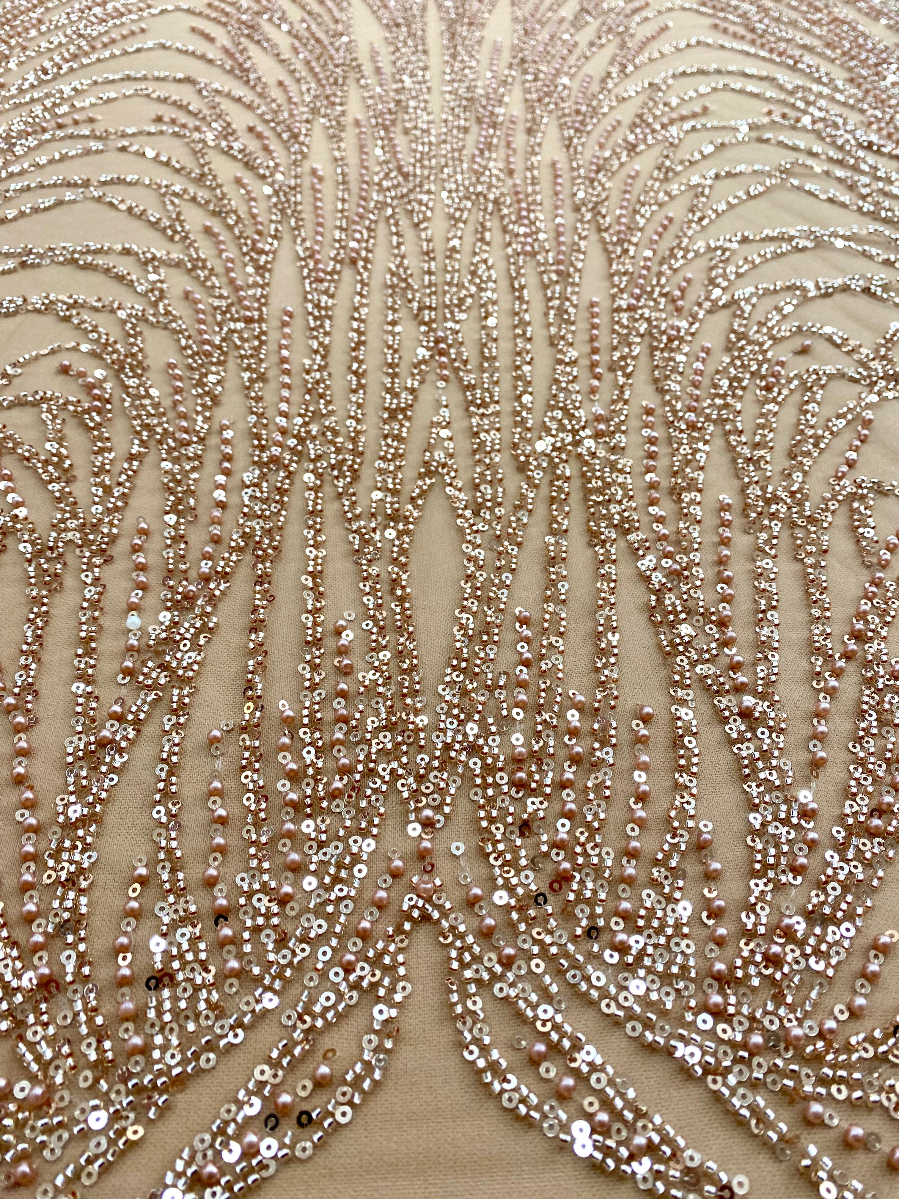 Rose Gold Couture Lace with Linear Pattern, Beads and Sequins 