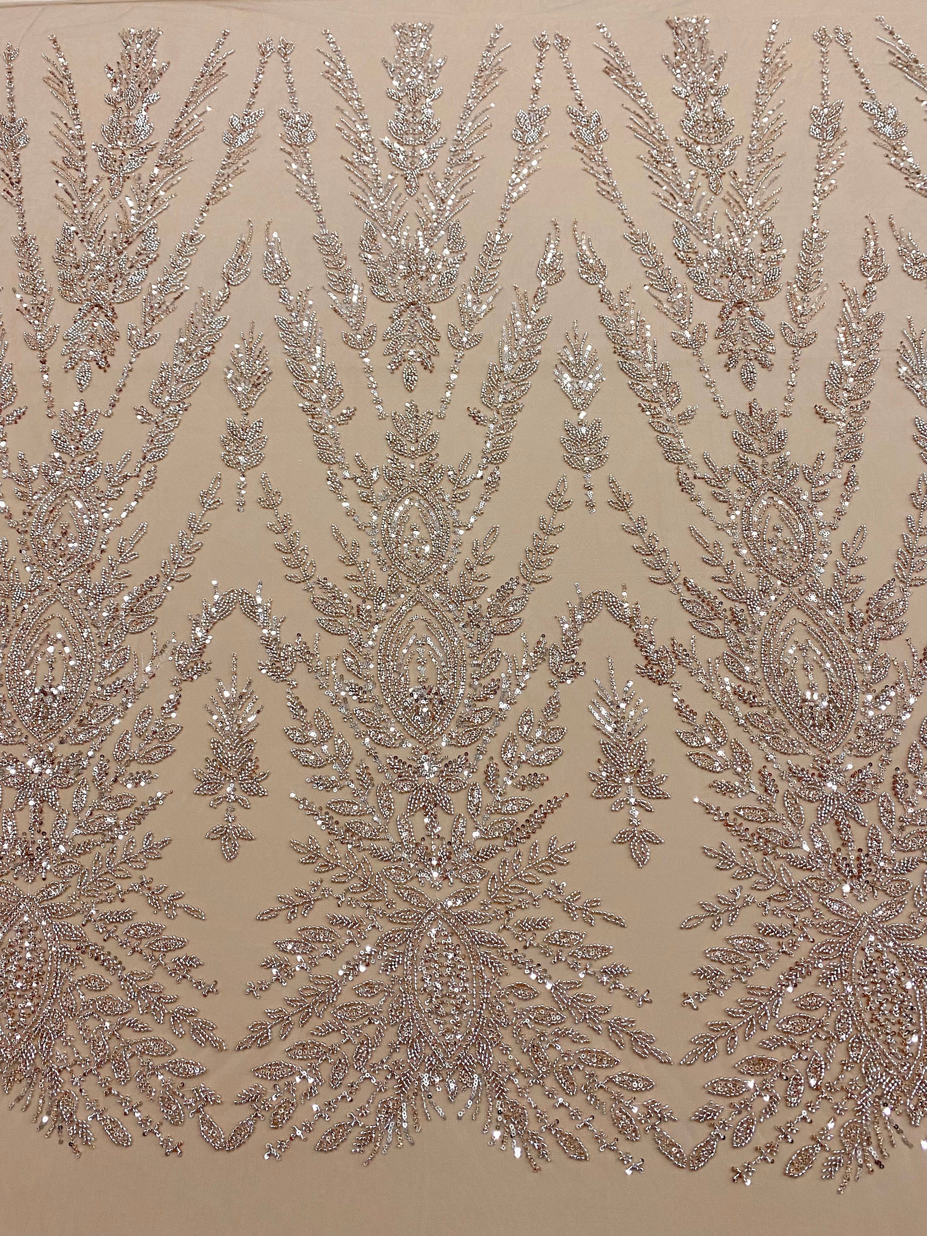 Rose Gold Couture Lace with Symmetrical Pattern, with Beads and Sequins 