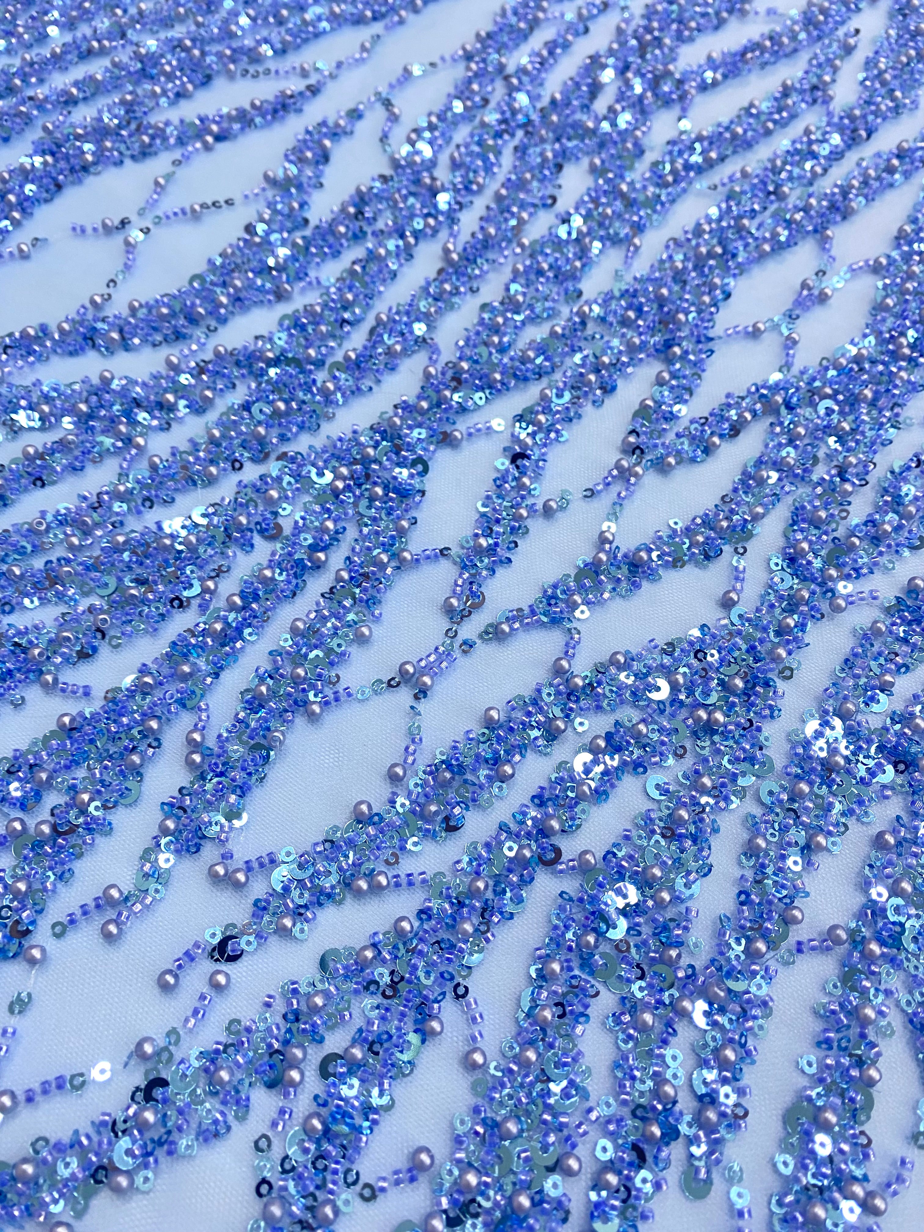 Dantela Couture Sky Blue cu Siraguri cu Perle, Margele si Paiete