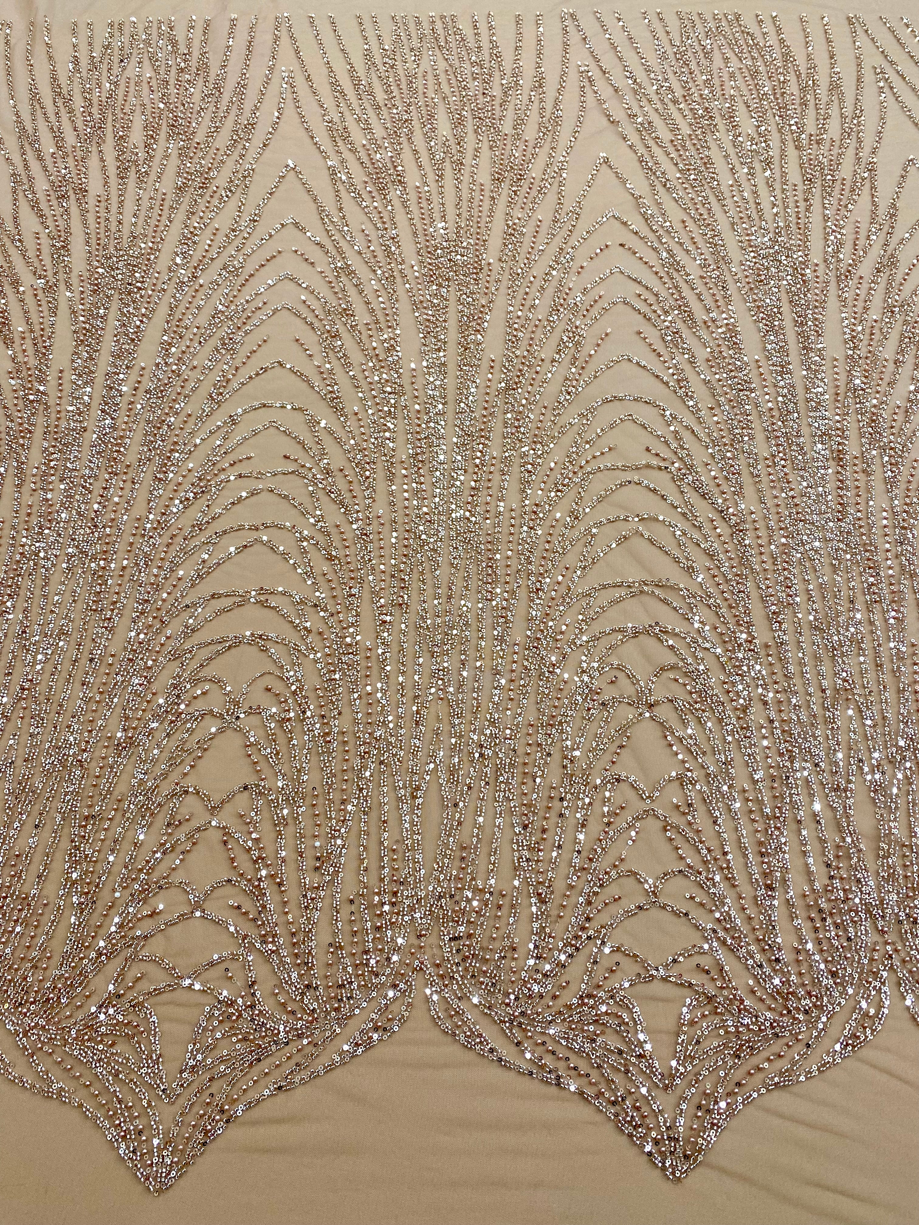 Rose Gold Couture Lace with Linear Pattern, Beads and Sequins 