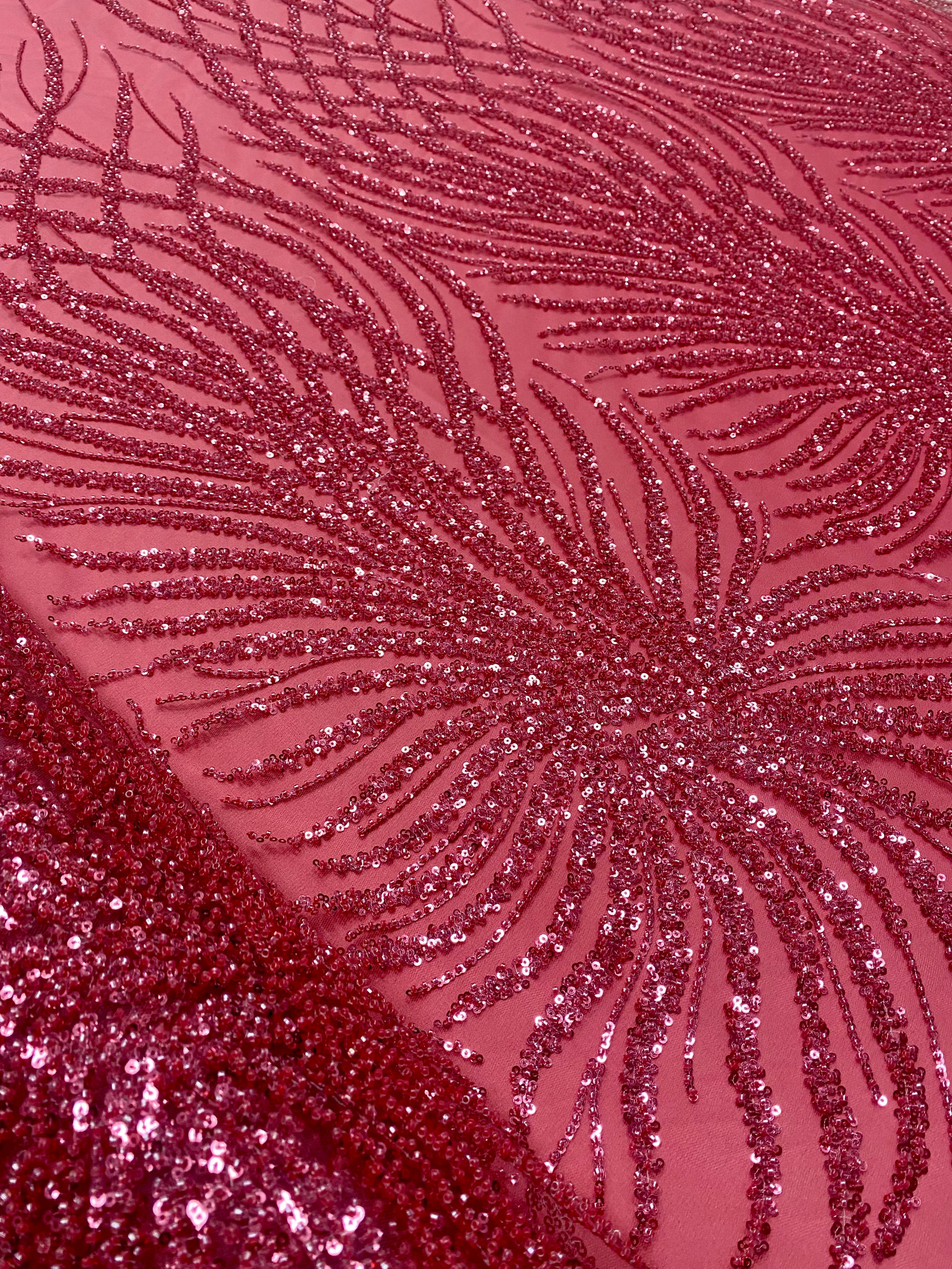 Pink Couture Lace with Geometric Pattern, with Beads and Sequins
