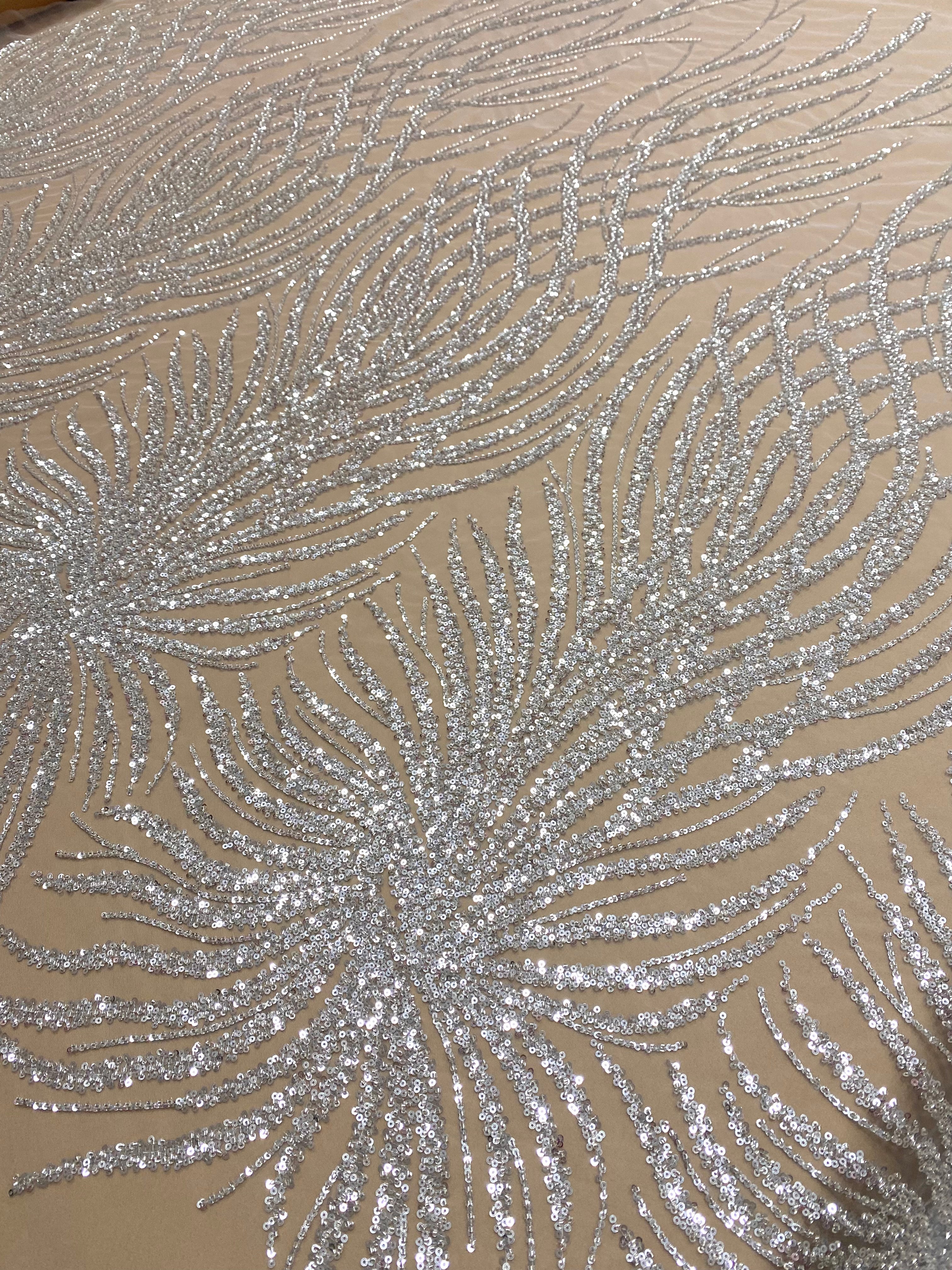Silver Lace with Geometric Pattern, with Beads and Sequins