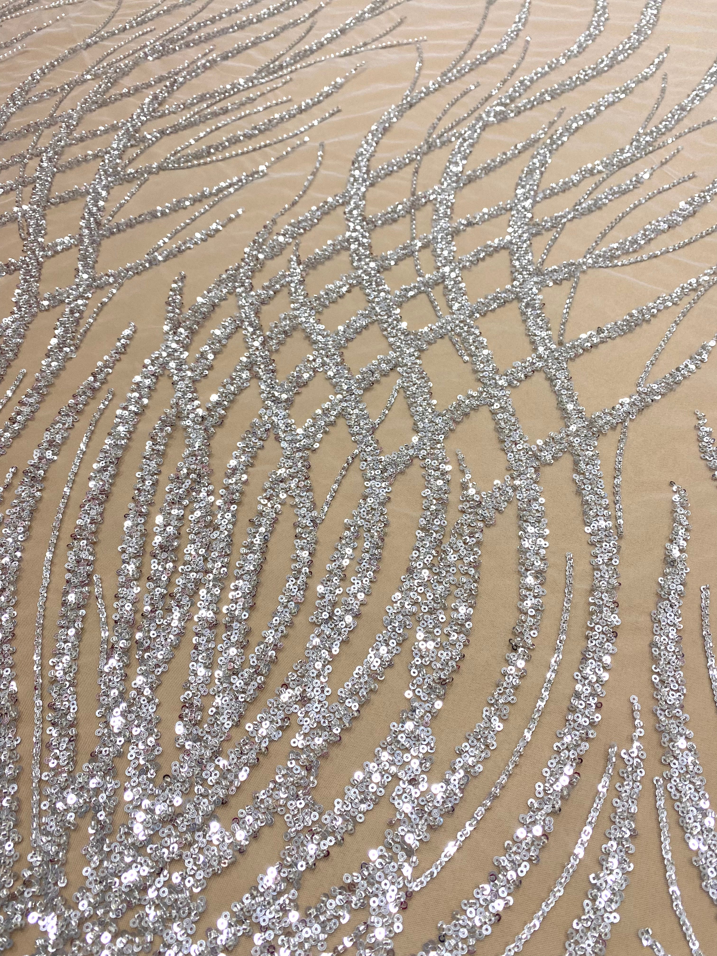 Silver Lace with Geometric Pattern, with Beads and Sequins