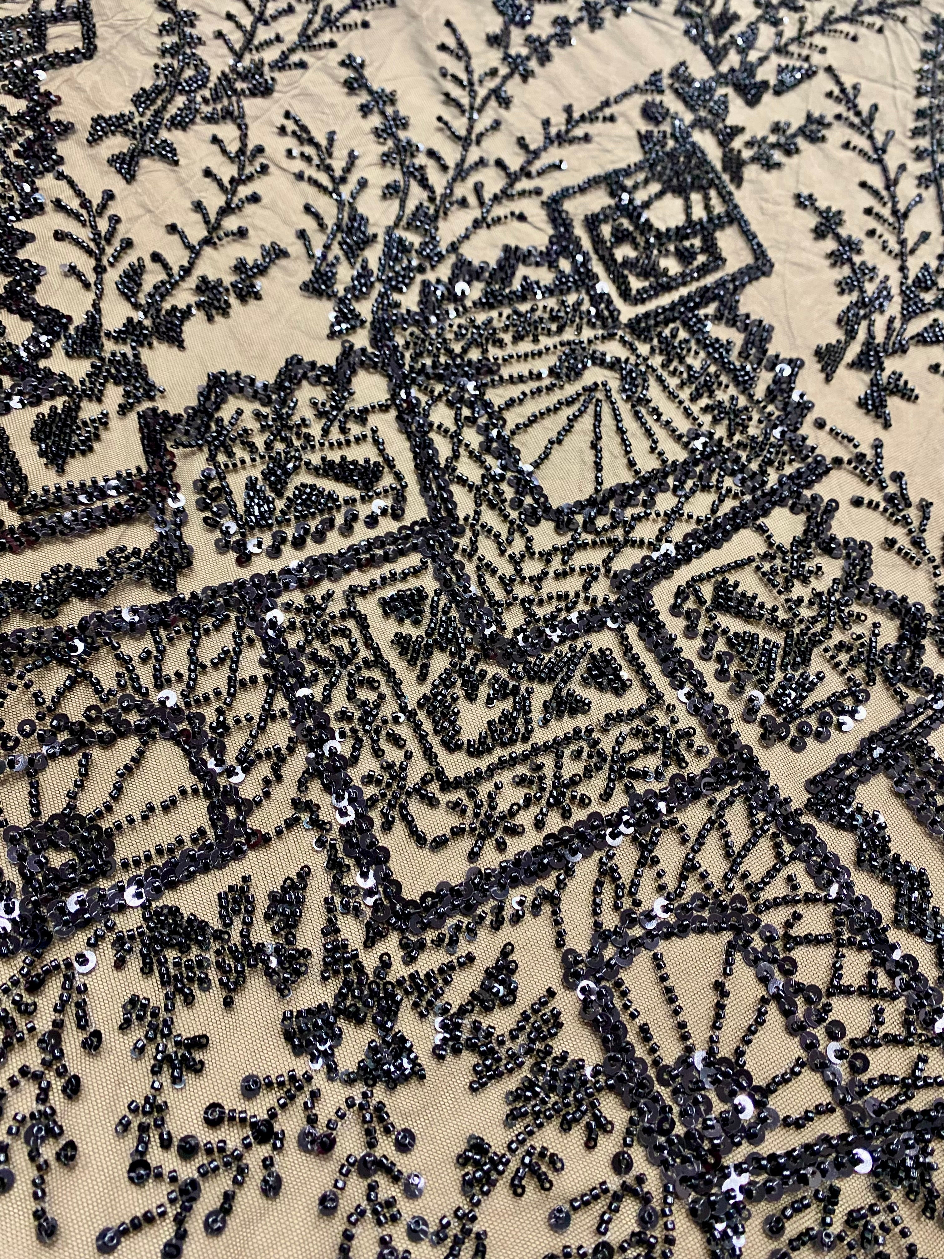 Black Couture Lace with Geometric Pattern, Beads and Sequins