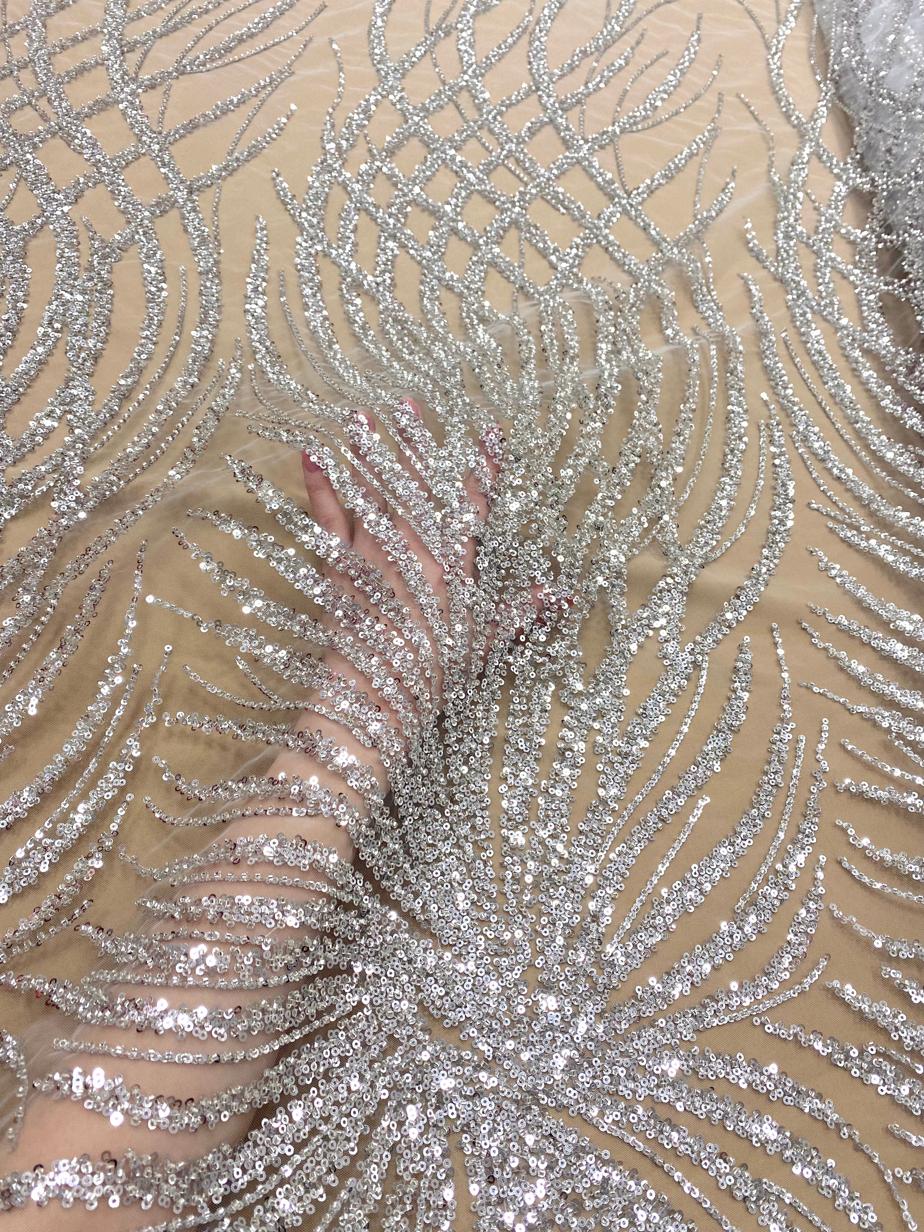 Silver Lace with Geometric Pattern, with Beads and Sequins