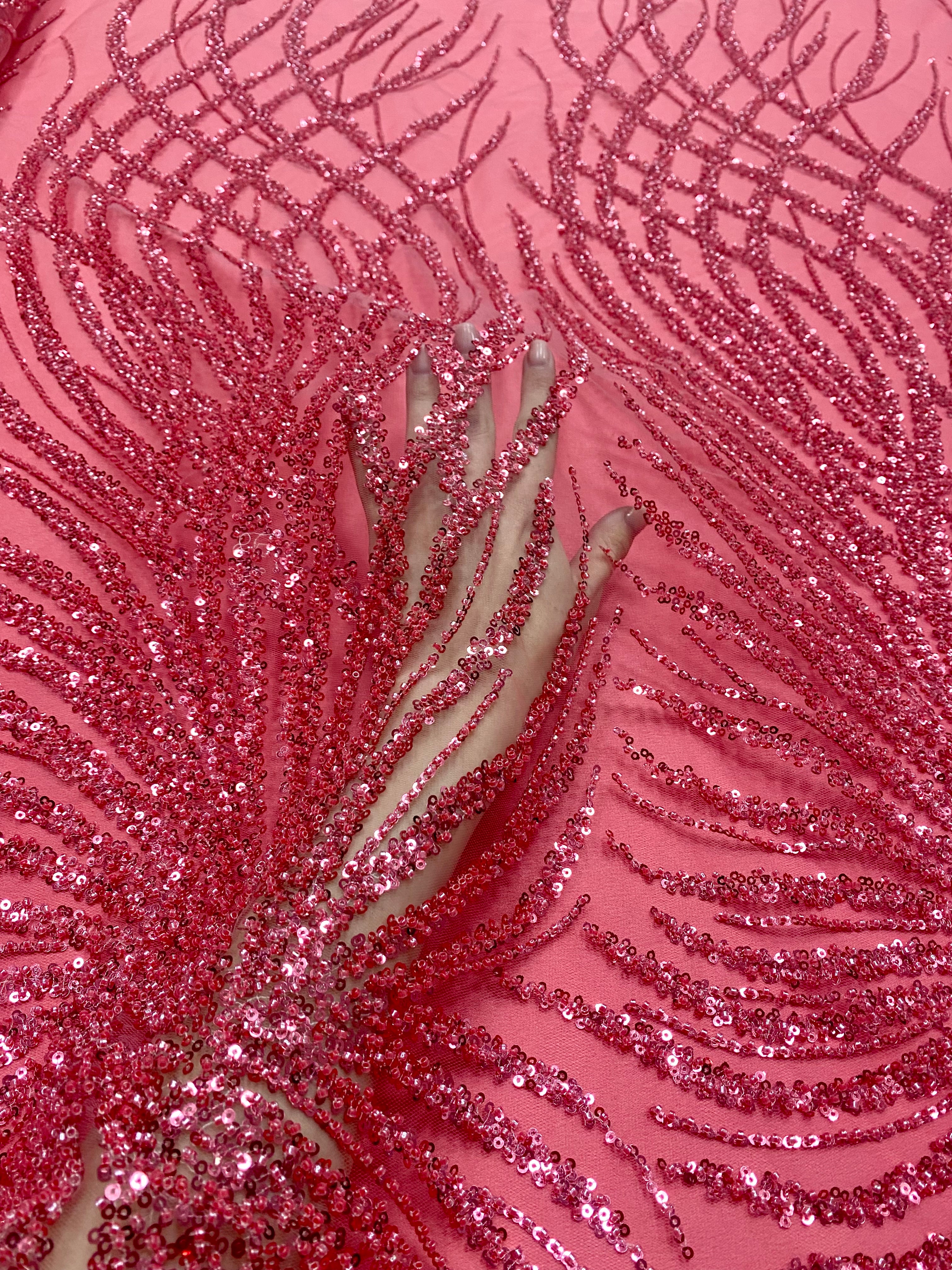 Pink Couture Lace with Geometric Pattern, with Beads and Sequins