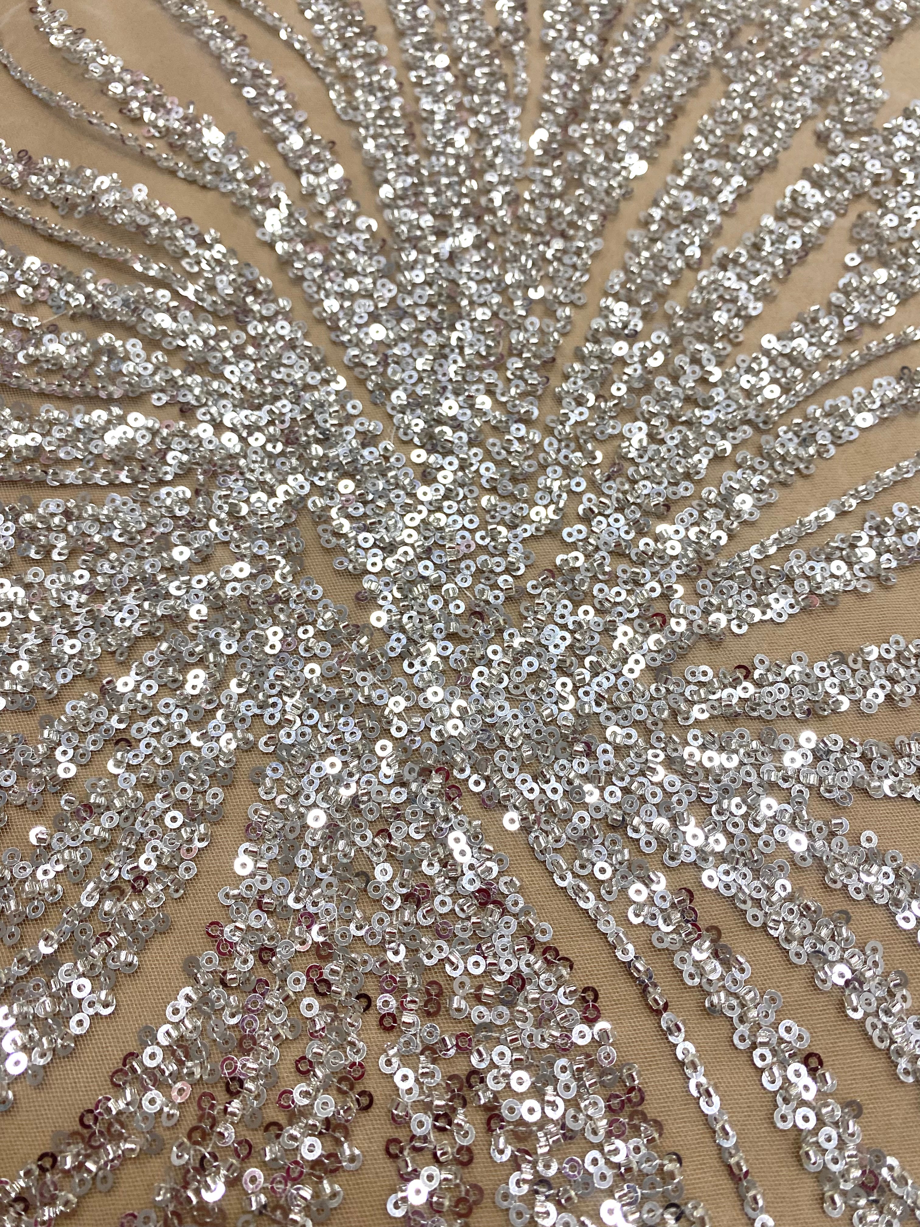Silver Lace with Geometric Pattern, with Beads and Sequins