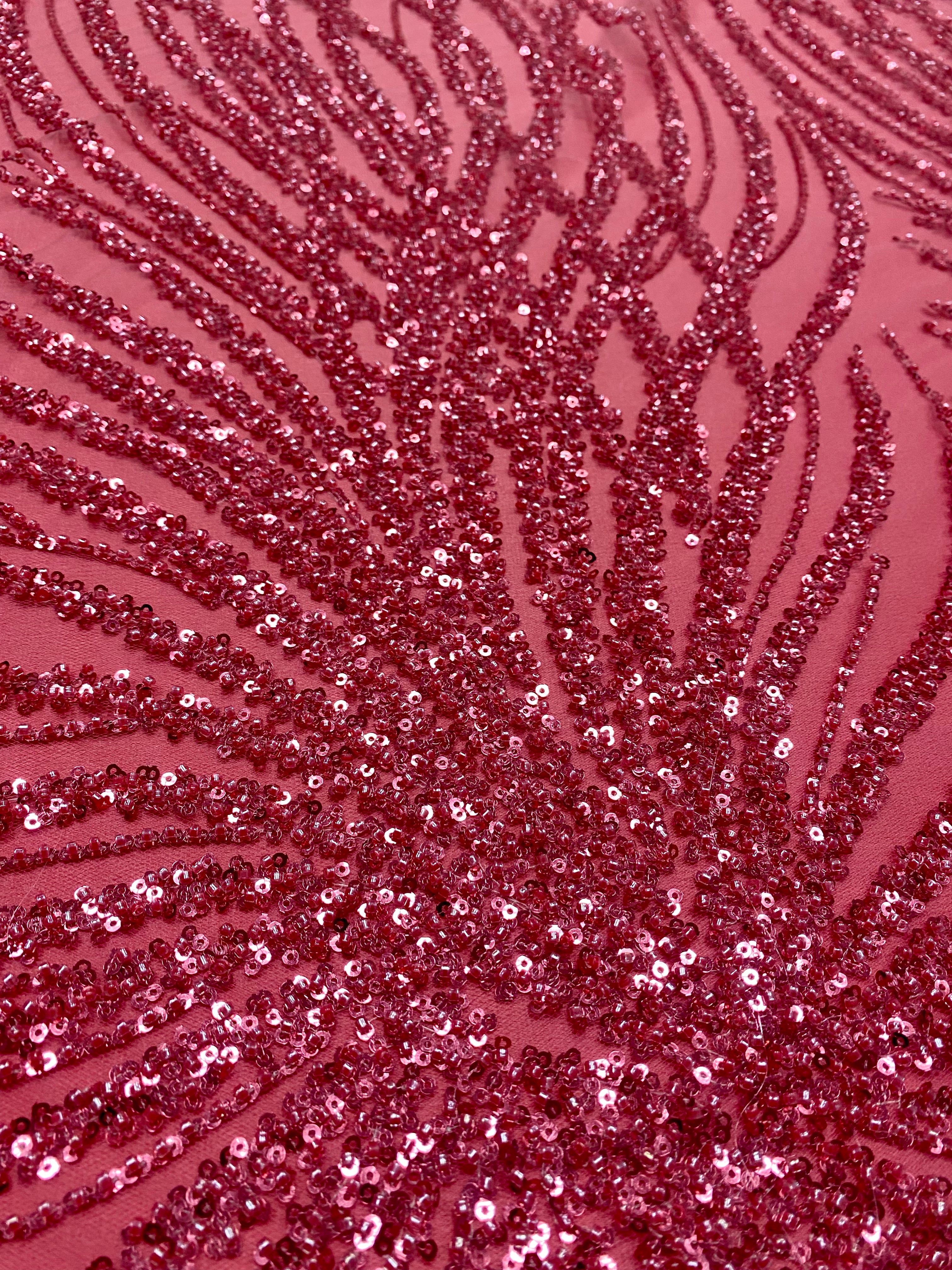 Pink Couture Lace with Geometric Pattern, with Beads and Sequins