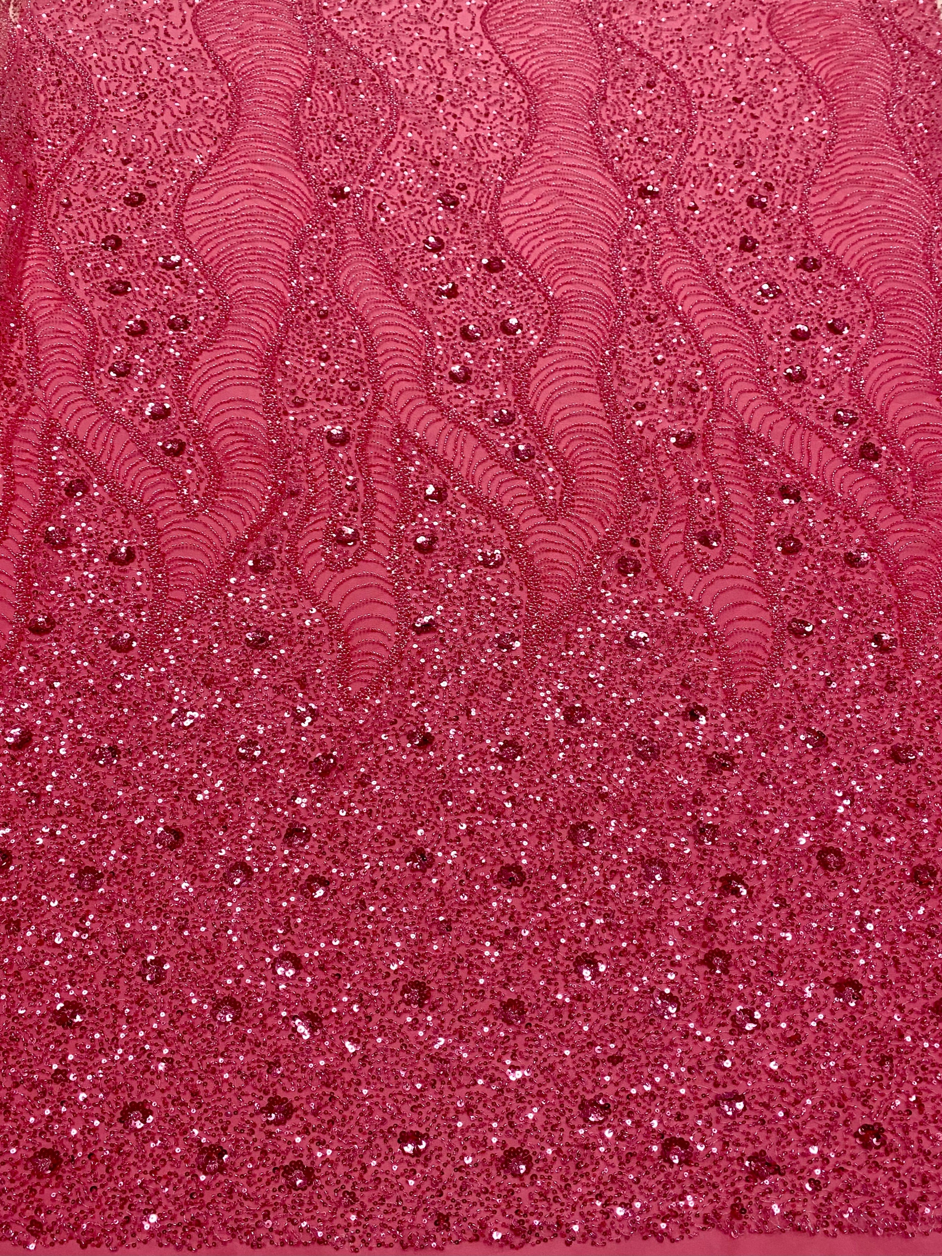 Dantela Couture Roz Coral cu Model Geometric si Flori, cu Margele si Paiete