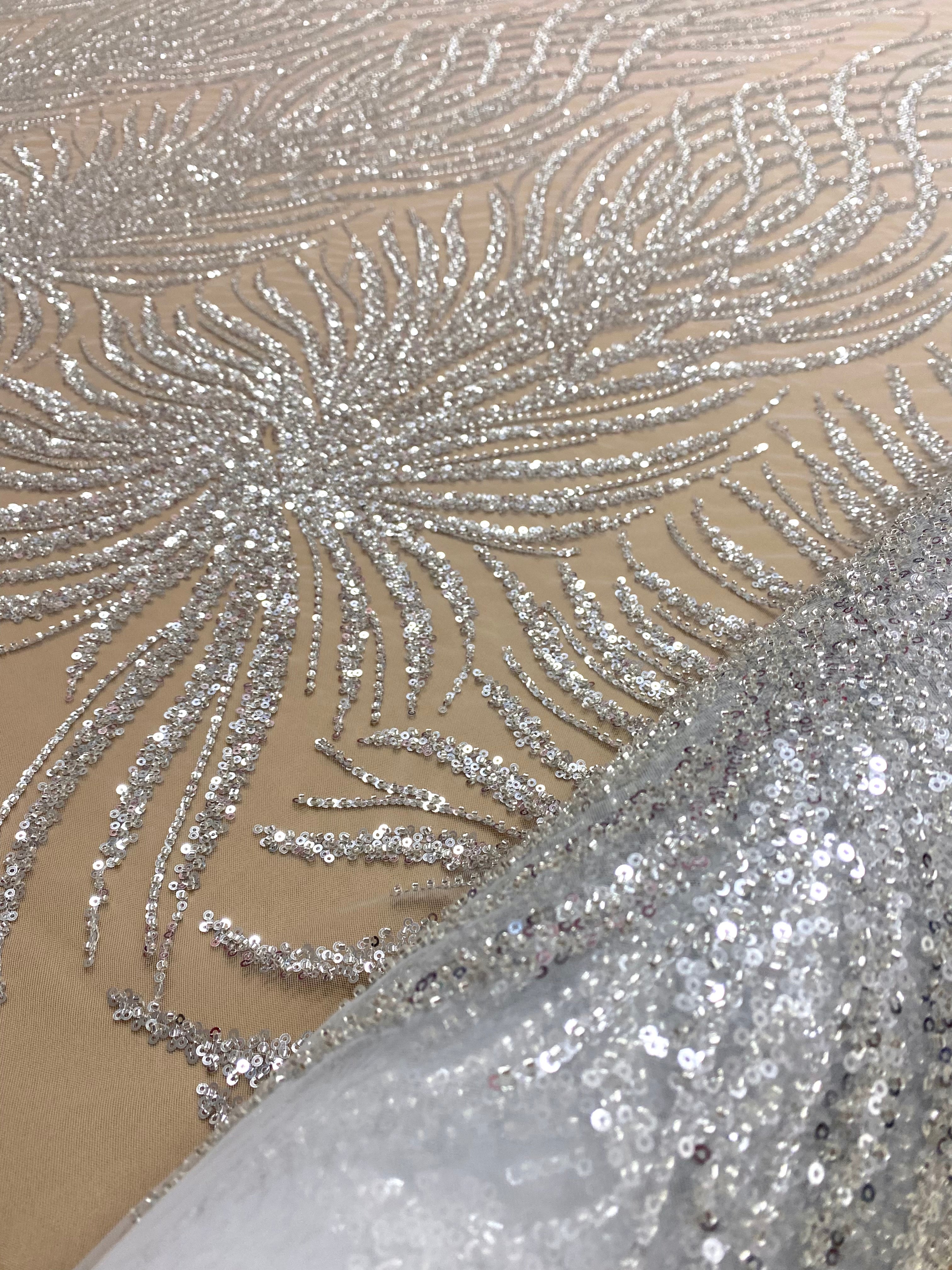 Silver Lace with Geometric Pattern, with Beads and Sequins