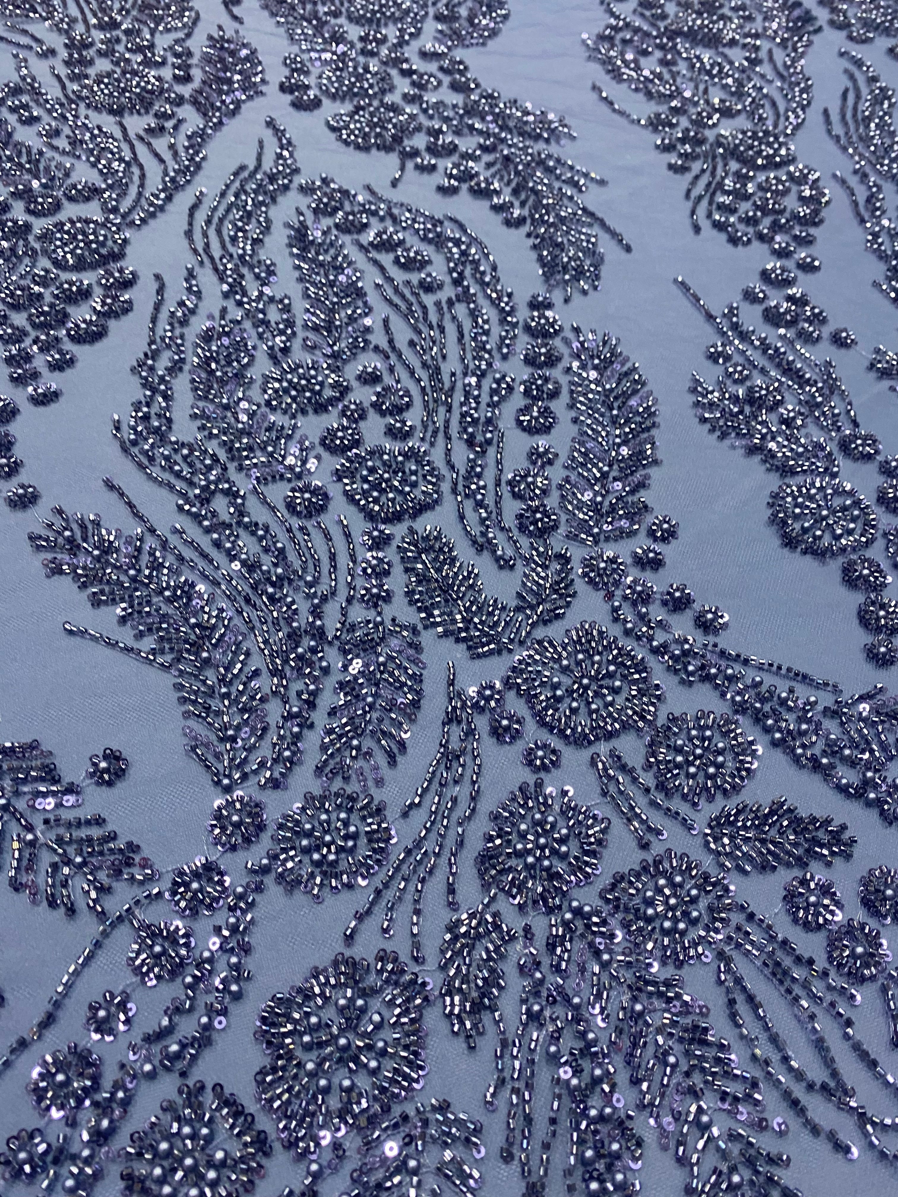 Bordeaux Couture Lace with Floral Pattern, Pearls, Beads and Sequins