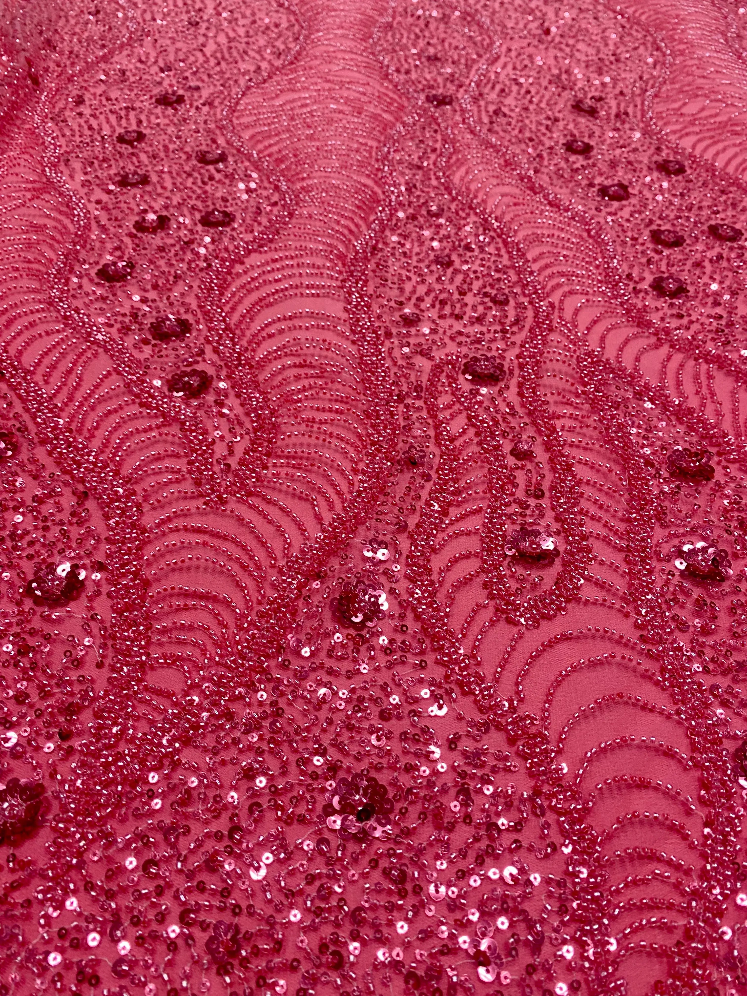 Dantela Couture Roz Coral cu Model Geometric si Flori, cu Margele si Paiete
