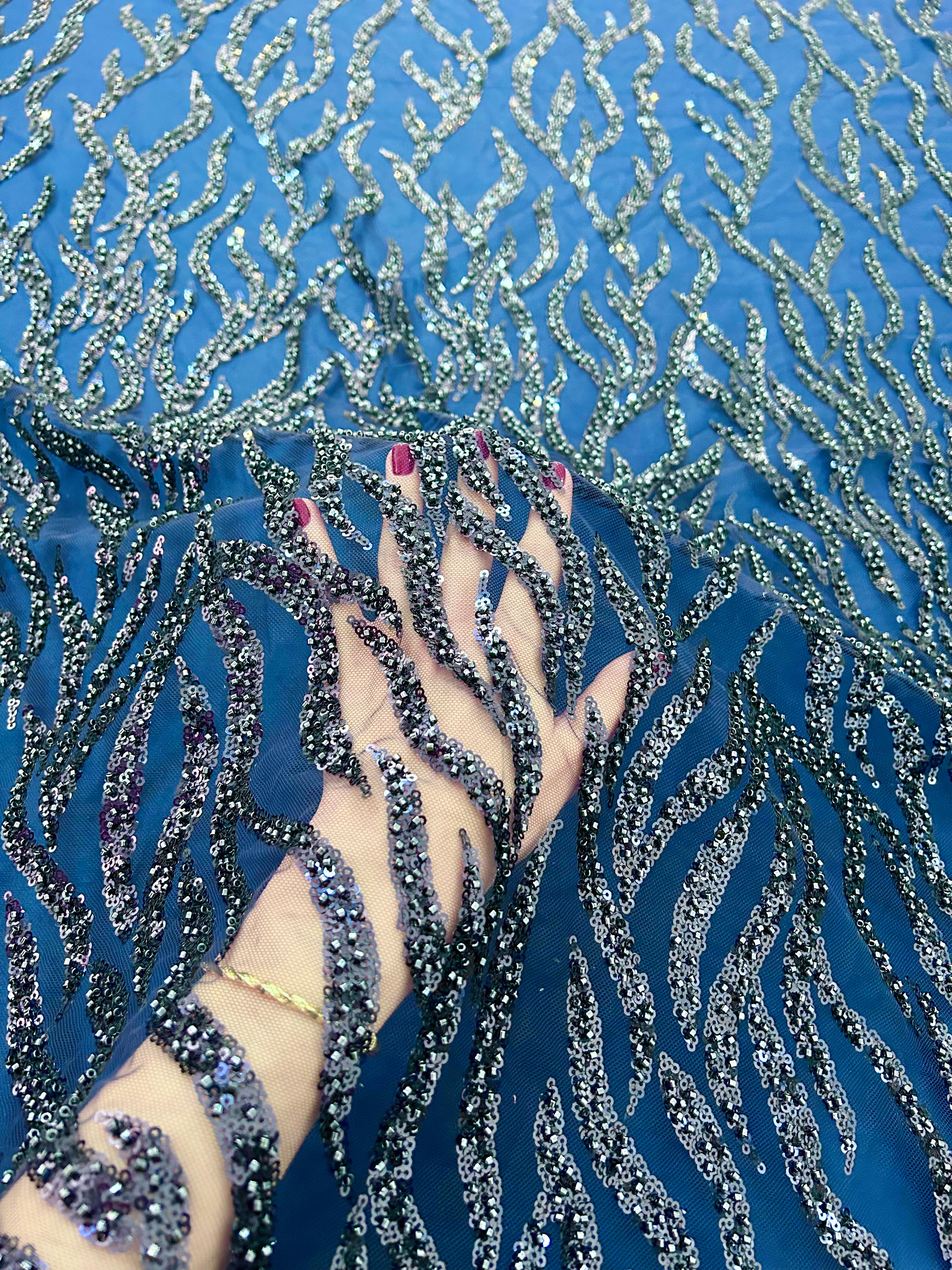 Navy Blue Couture Lace with Beads and Sequins