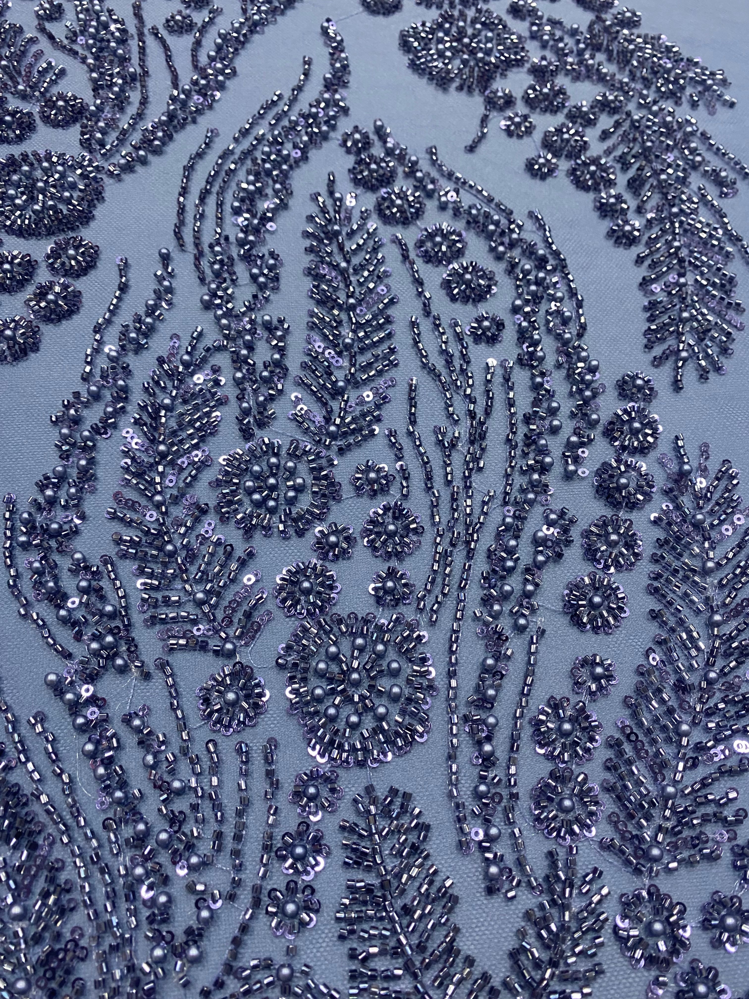 Bordeaux Couture Lace with Floral Pattern, Pearls, Beads and Sequins