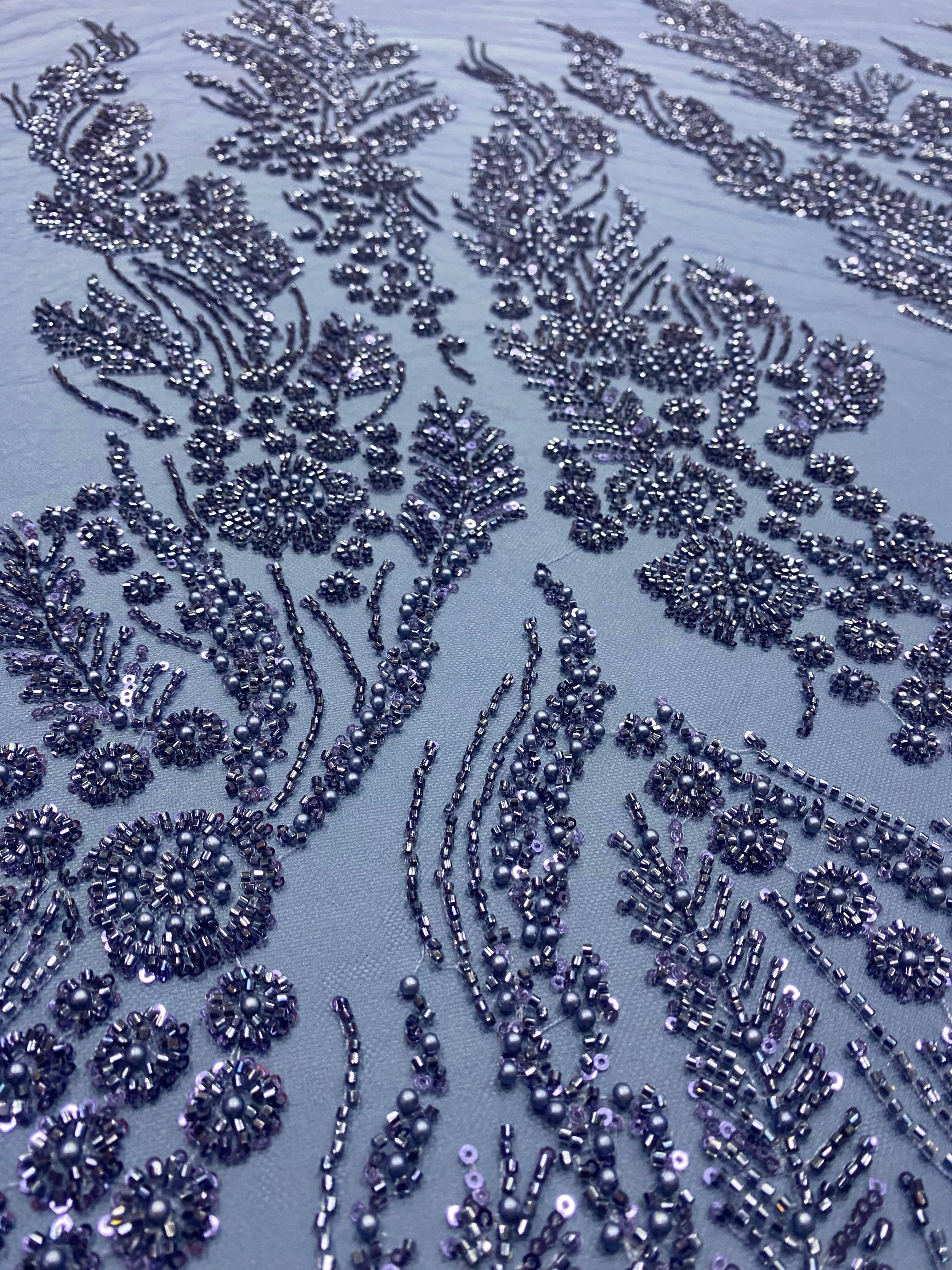 Bordeaux Couture Lace with Floral Pattern, Pearls, Beads and Sequins