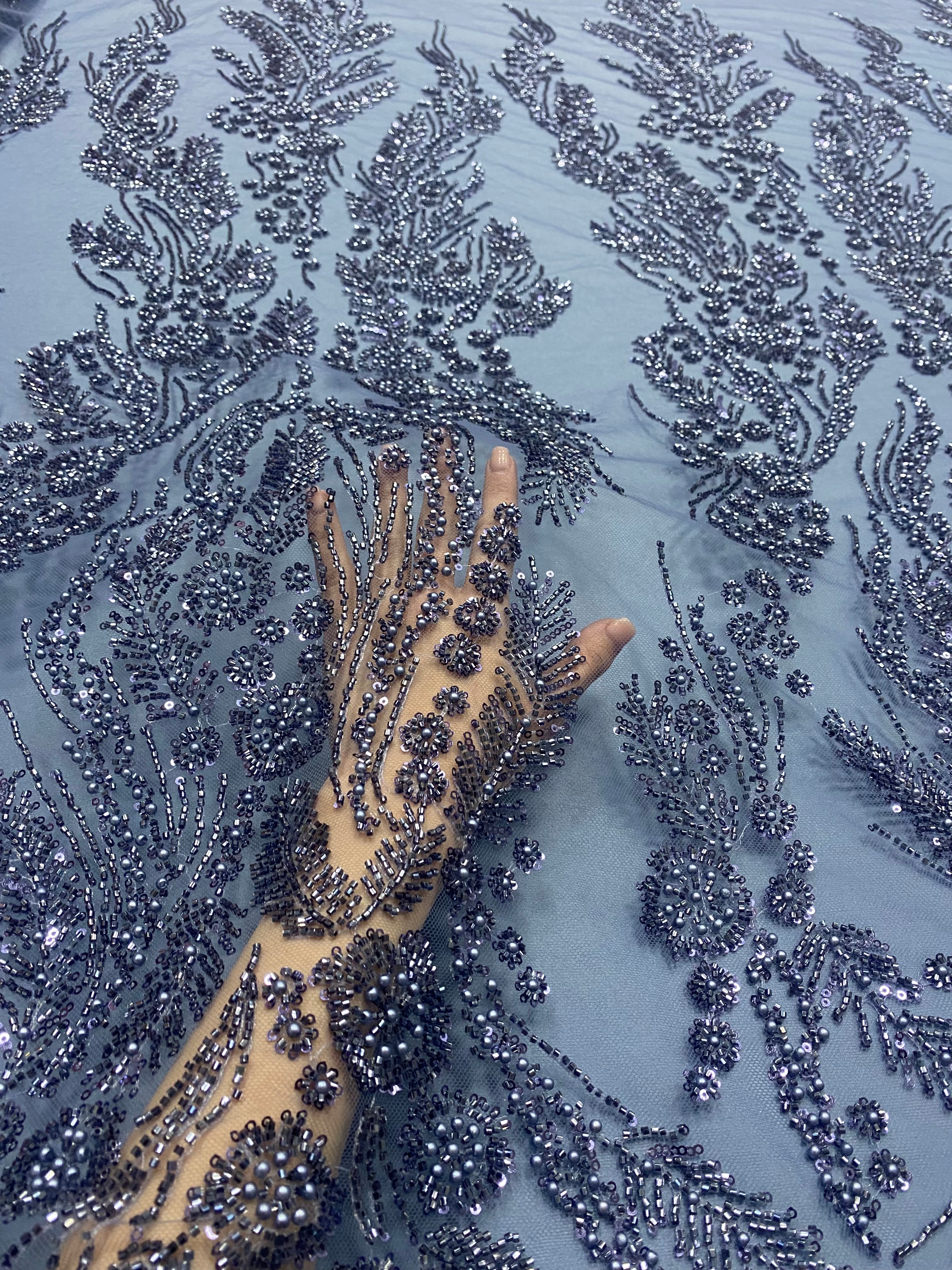 Bordeaux Couture Lace with Floral Pattern, Pearls, Beads and Sequins