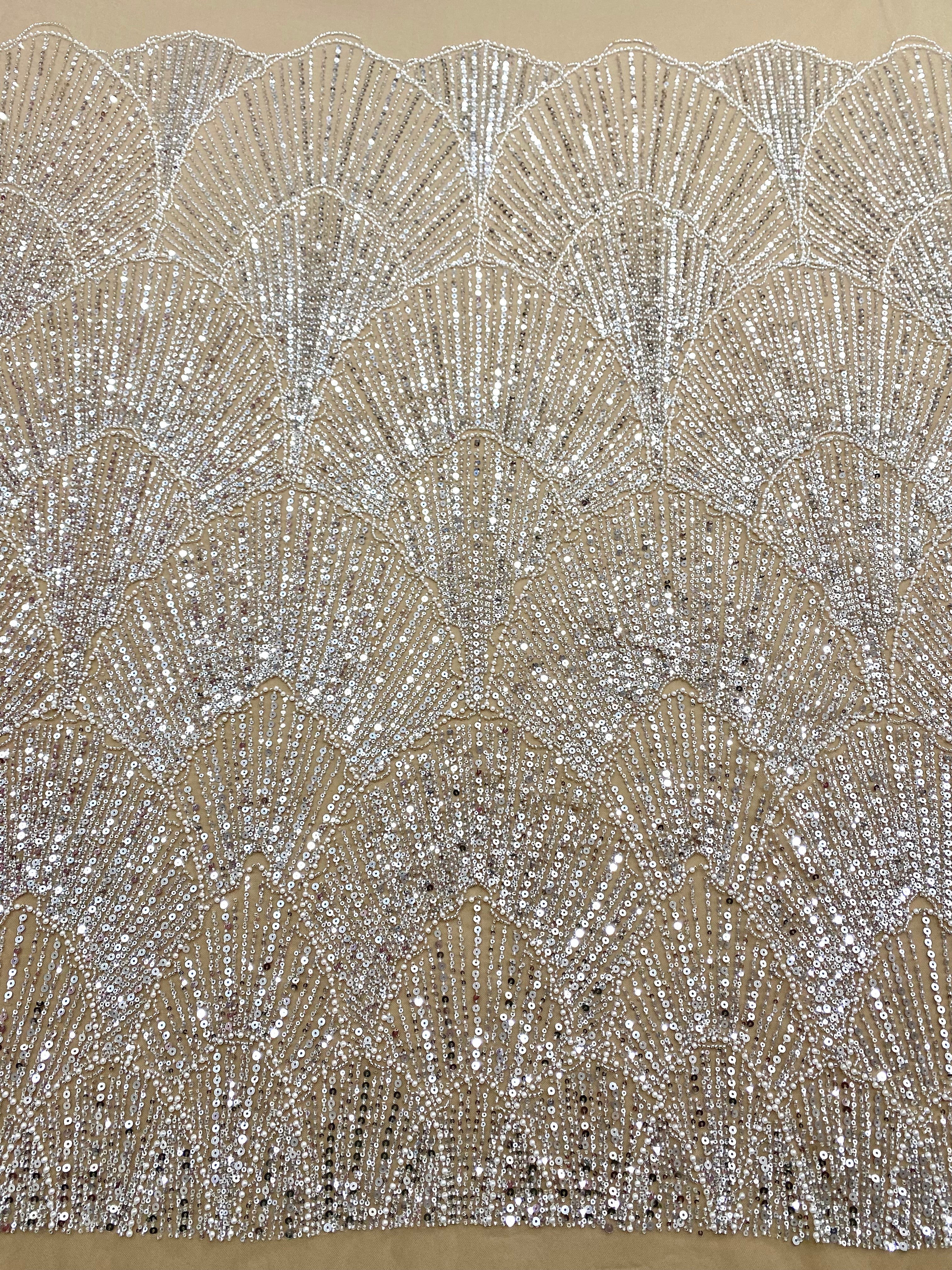 Silver Couture Lace on Nude Tulle with Geometric Pattern, with Pearls, Beads and Sequins