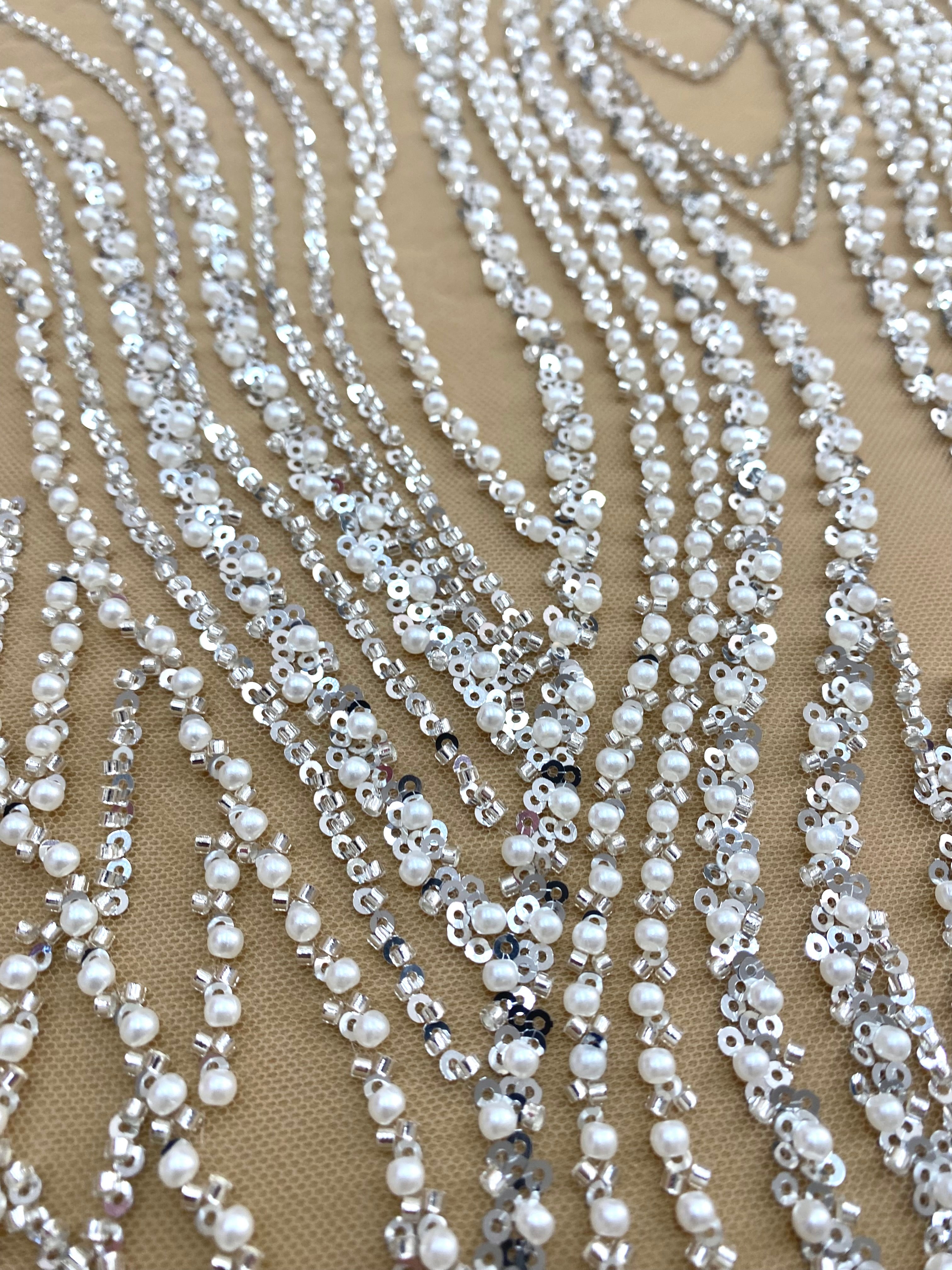 Silver Couture Lace on Nude Tulle with Pearls, Beads and Sequins