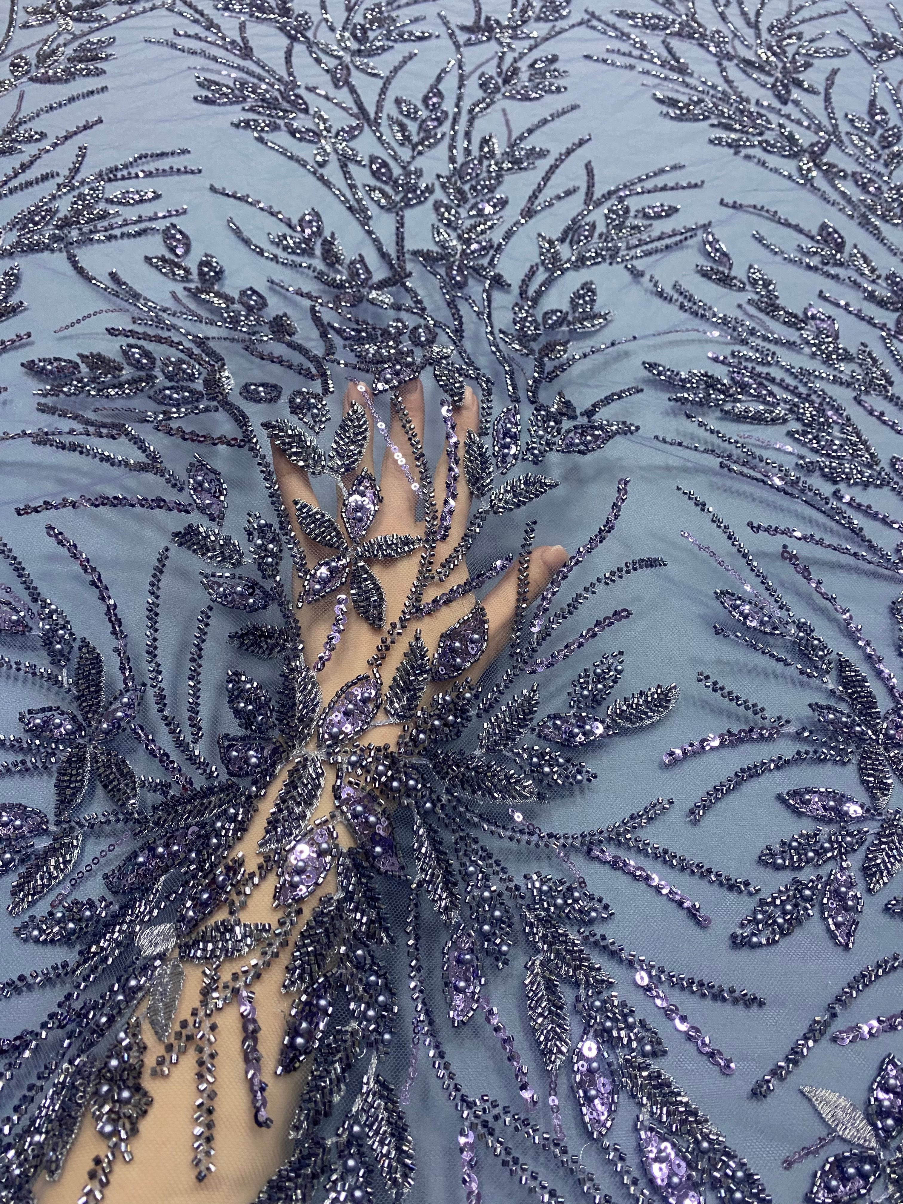 Duck Egg Green Couture Lace with Floral Pattern, Pearls, Beads and Sequins