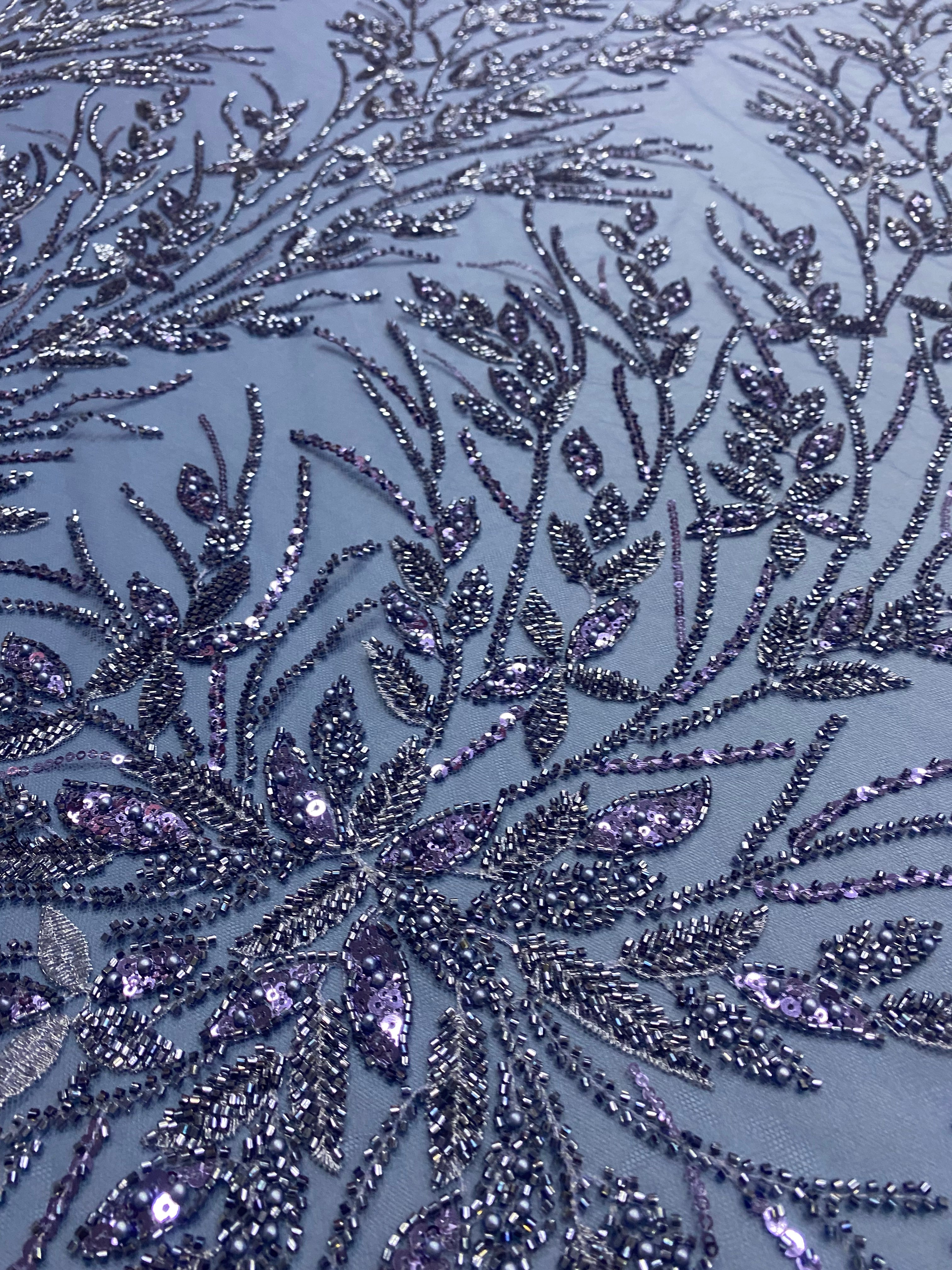 Duck Egg Green Couture Lace with Floral Pattern, Pearls, Beads and Sequins