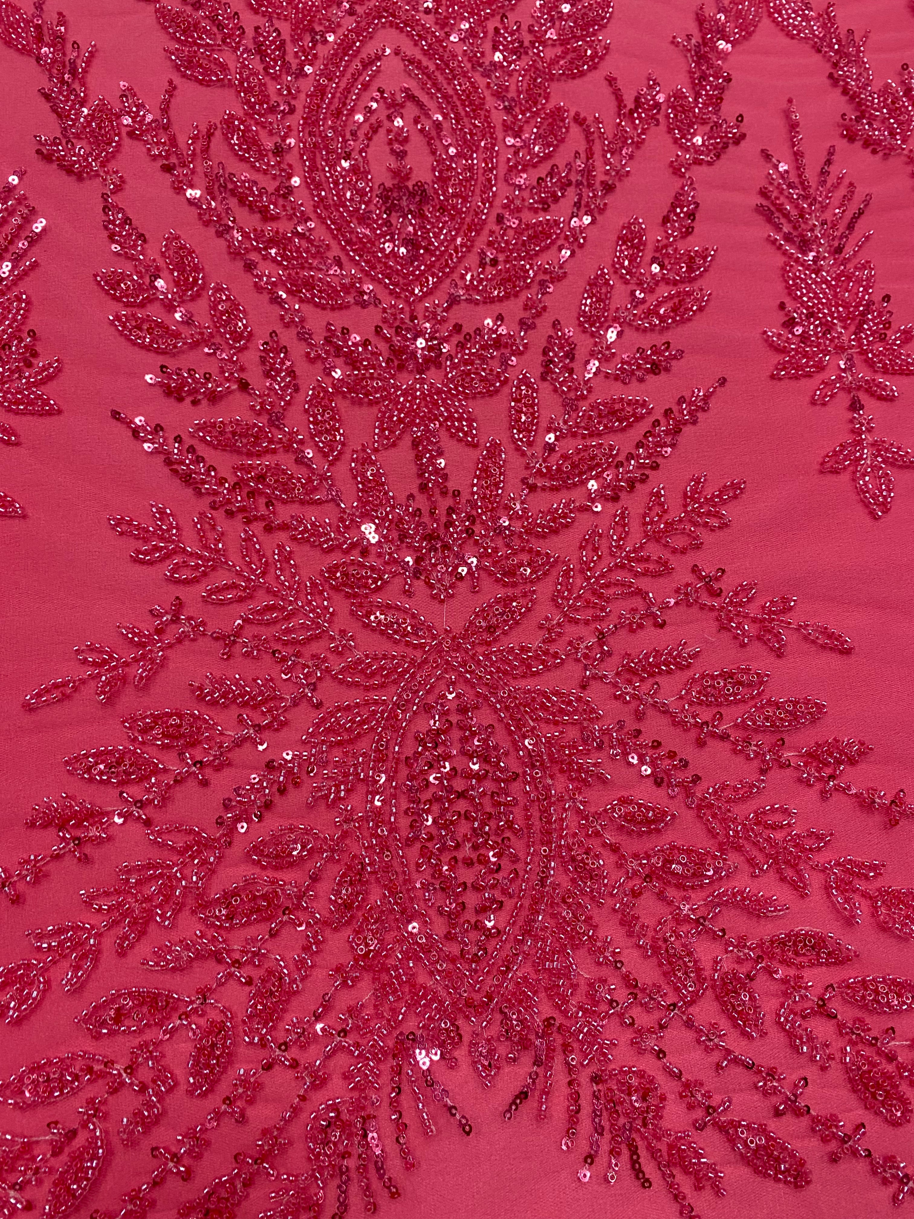 Dantela Couture Roz Coral cu Model Simetric, cu Margele si Paiete