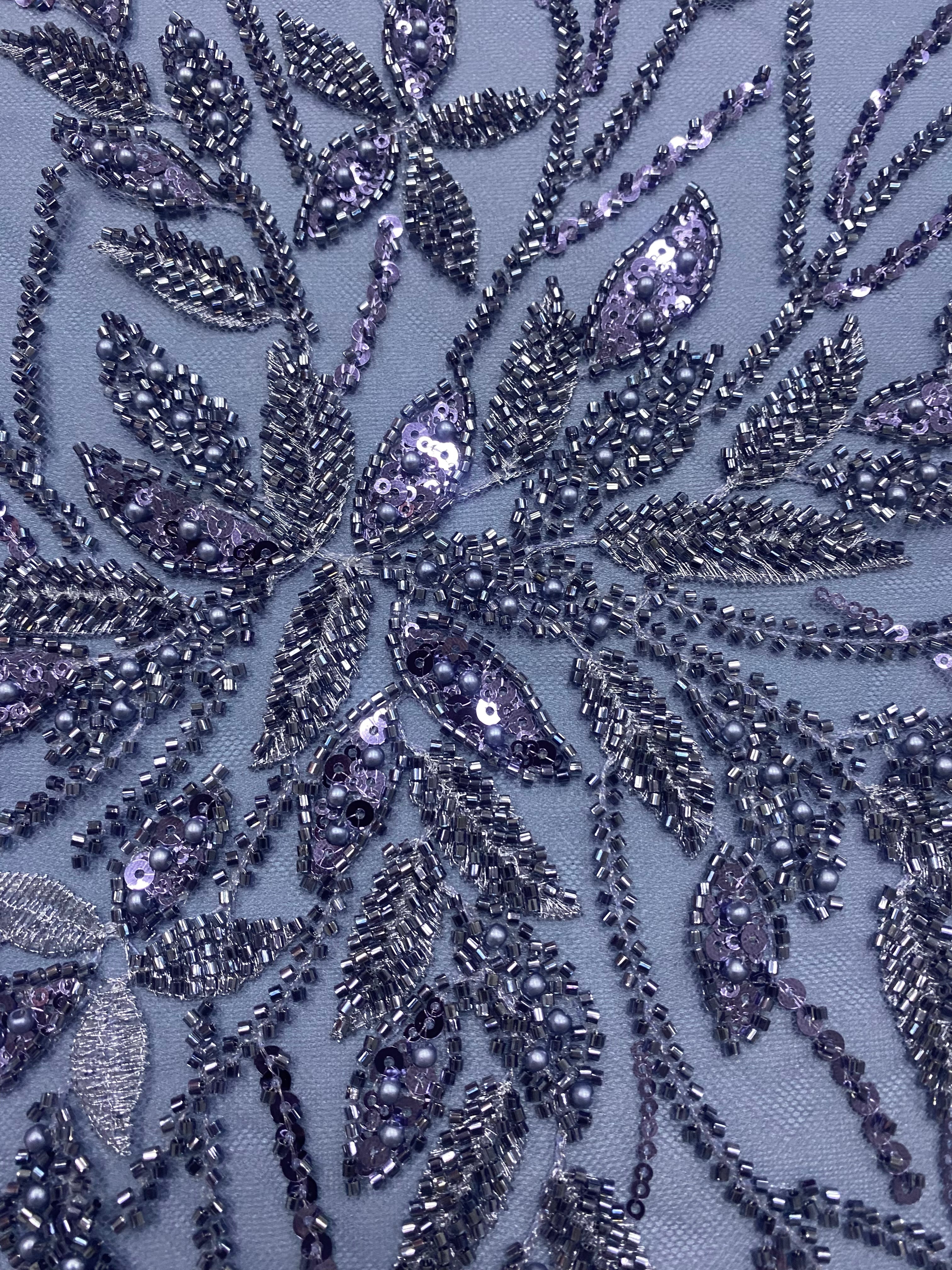 Duck Egg Green Couture Lace with Floral Pattern, Pearls, Beads and Sequins