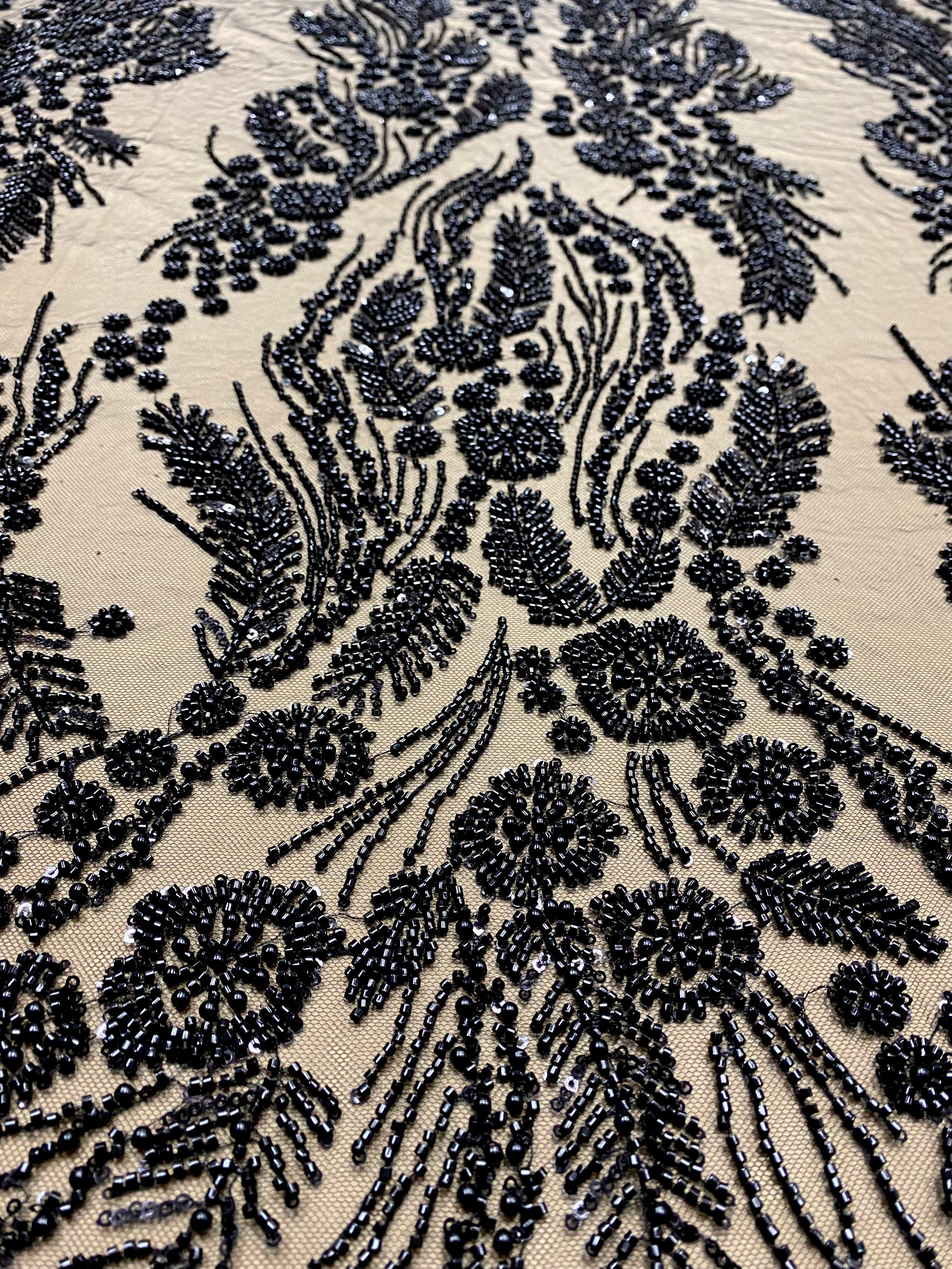 Dantela Couture Neagra cu Model Floral, Perle, Margele si Paiete