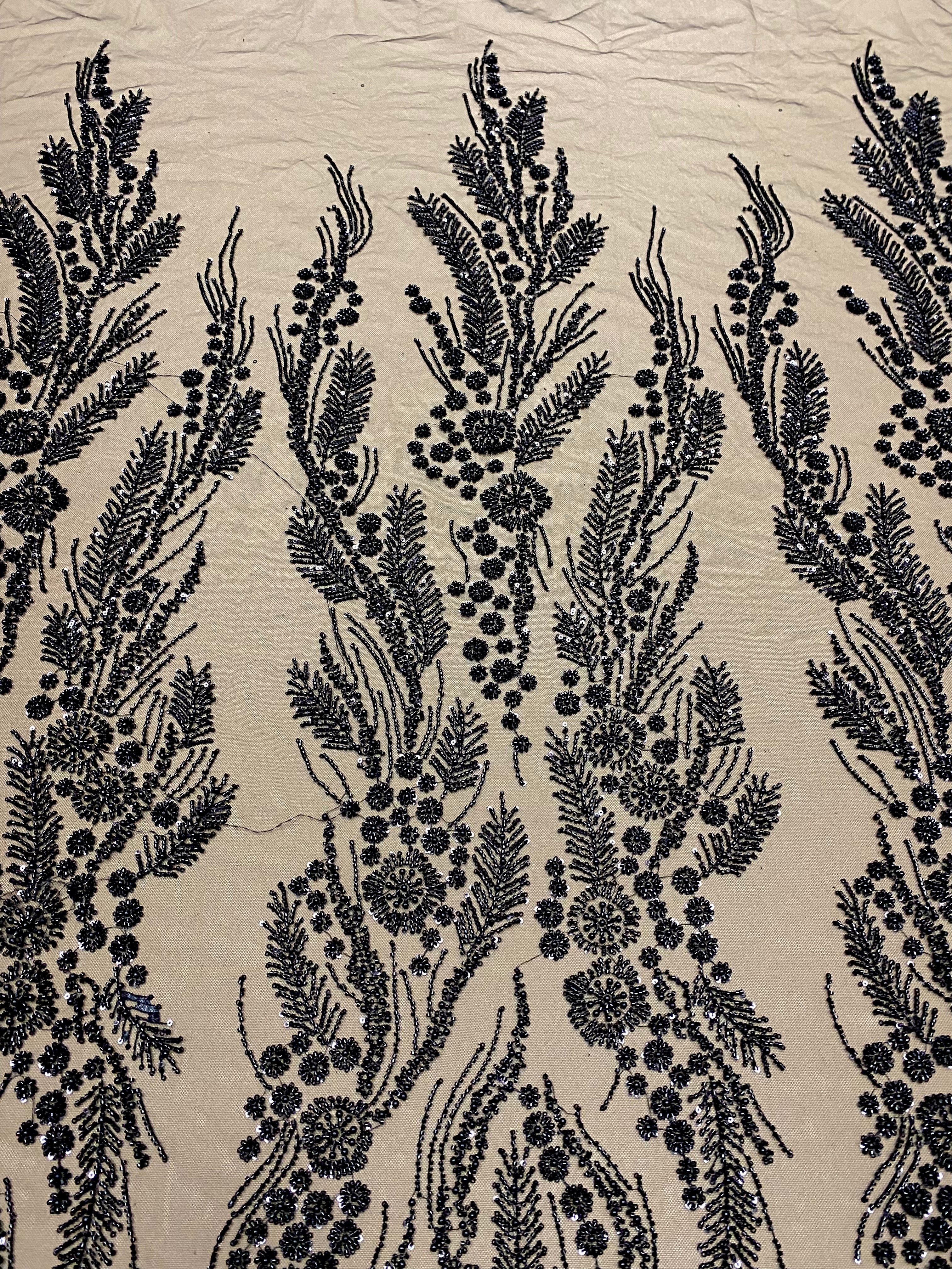Dantela Couture Neagra cu Model Floral, Perle, Margele si Paiete